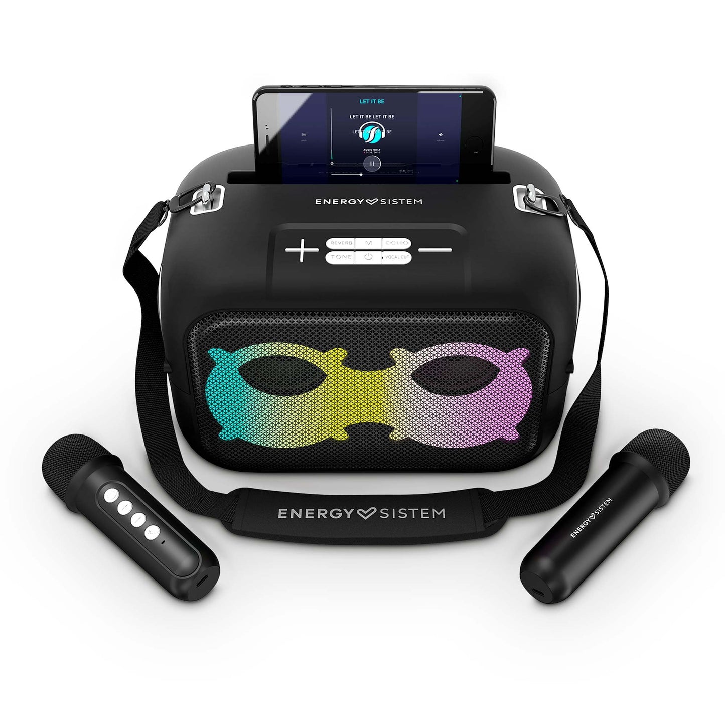 Enerģijas sistēma Karaoke Star Pārnēsājamais skaļrunis (Bluetooth 5.4, MP3 atskaņotājs, Patiesā bezvadu stereo, LED gaismas, 60 W, IPX4, 2 mikrofoni, 8 stundu akumulatora darbības laiks)