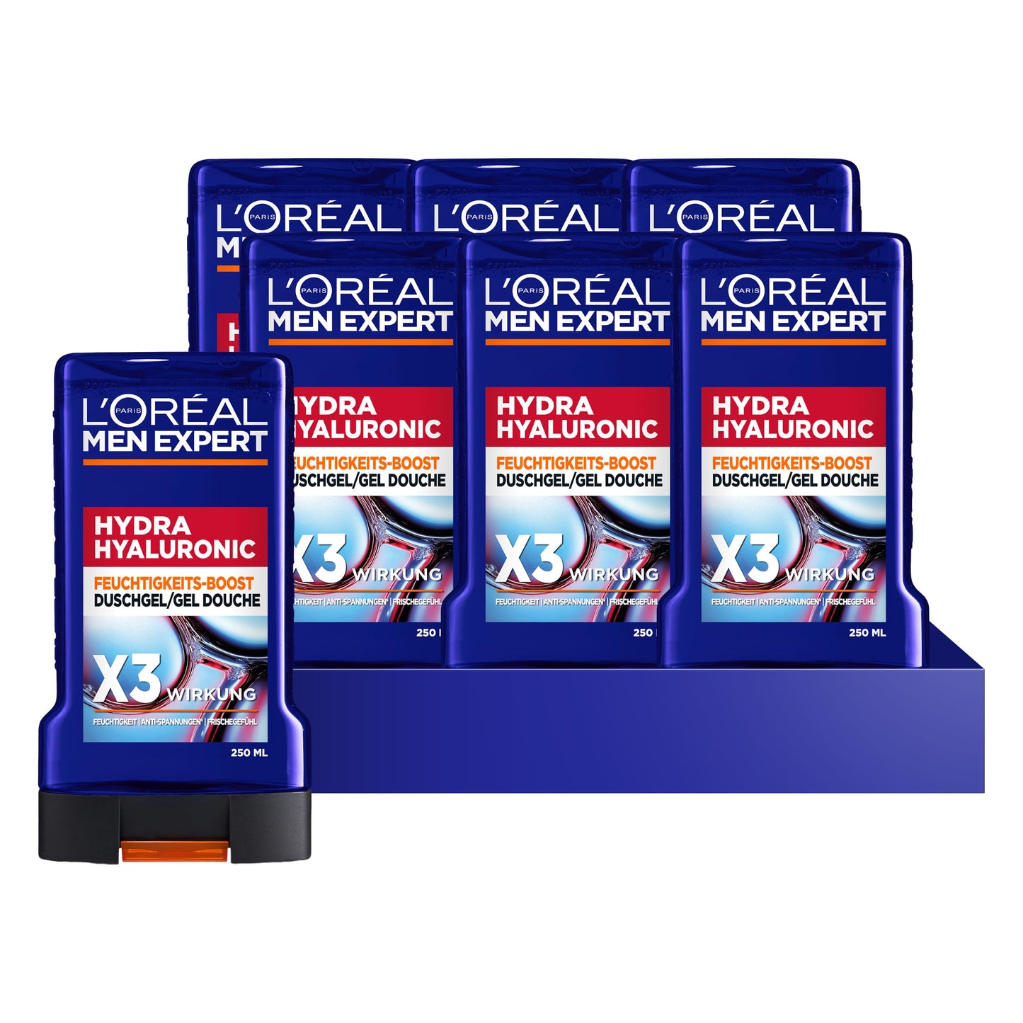 L'Oréal Men Expert Hydra Hyaluronic dušas želeja un šampūns vīriešiem, 6 x 250 ml, ķermeņa, matu un sejas mazgāšanai, ar hialuronskābi mitrināšanai