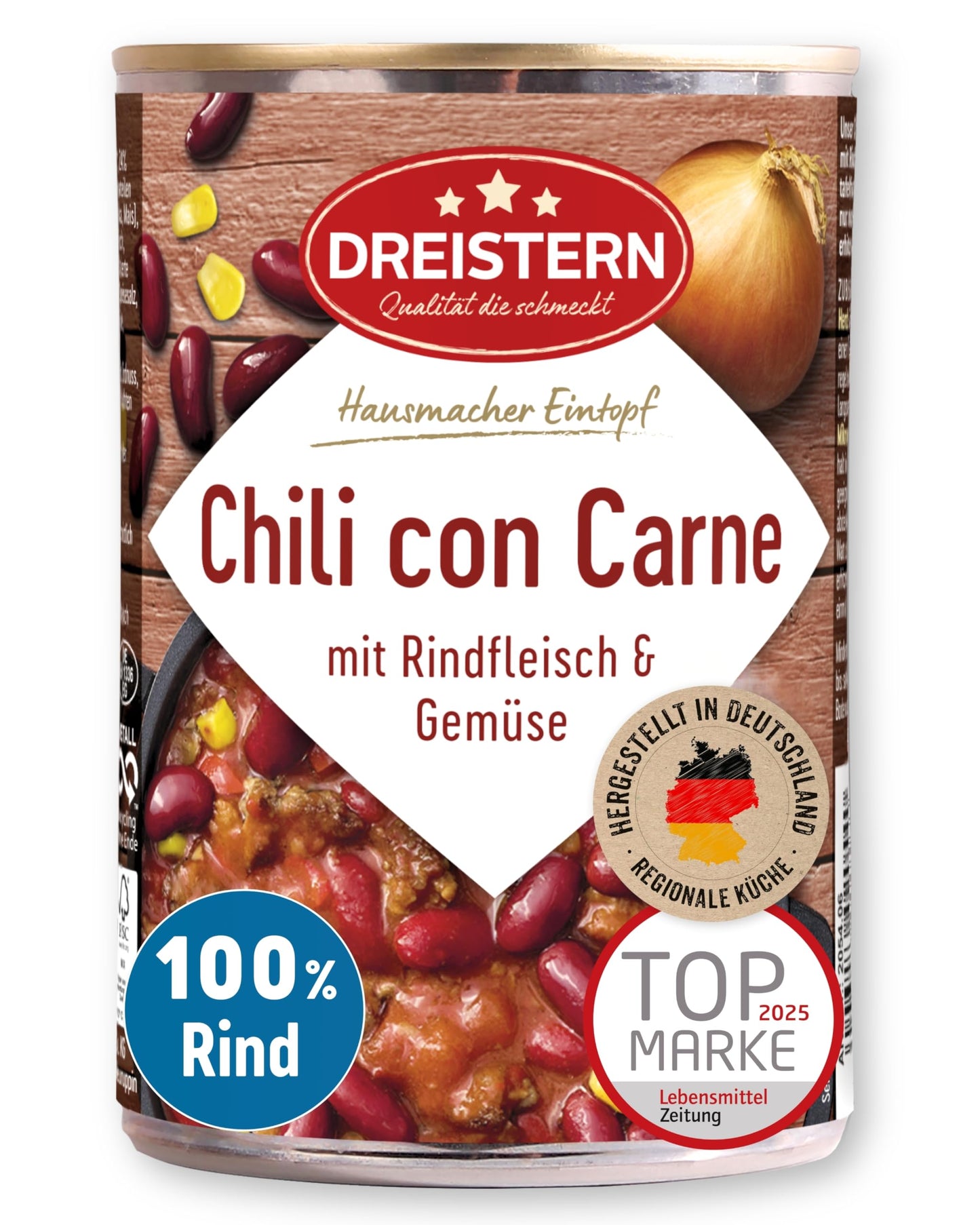 Čili con Carne DREISTERN, 400g, ar liellopa gaļu un dārzeņiem, augsts olbaltumvielu saturs, bez pievienotiem konservantiem, mājās gatavotas kvalitātes