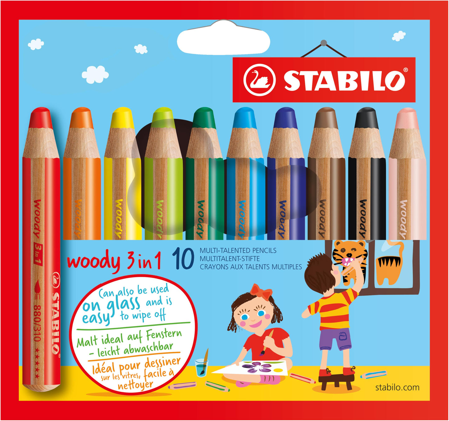 Krāsainie zīmuļi, akvareļkrāsas un vaska krītiņi STABILO woody 3 in 1, 10 krāsas