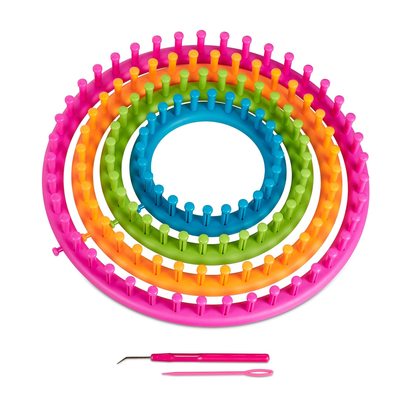 Adīšanas riņķu komplekts Relaxdays, 4 izmēri, adīšanas komplekts bērniem un pieaugušajiem cepurēm un šallēm, Ø 28cm, 24cm, 19cm, 14cm, daudzkrāsains