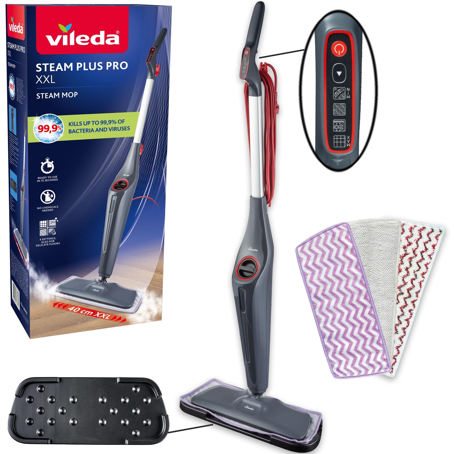 Tvaika tīrītājs Vileda Steam Plus Pro XXL, 4 tvaika pakāpes, pelēks/sarkans