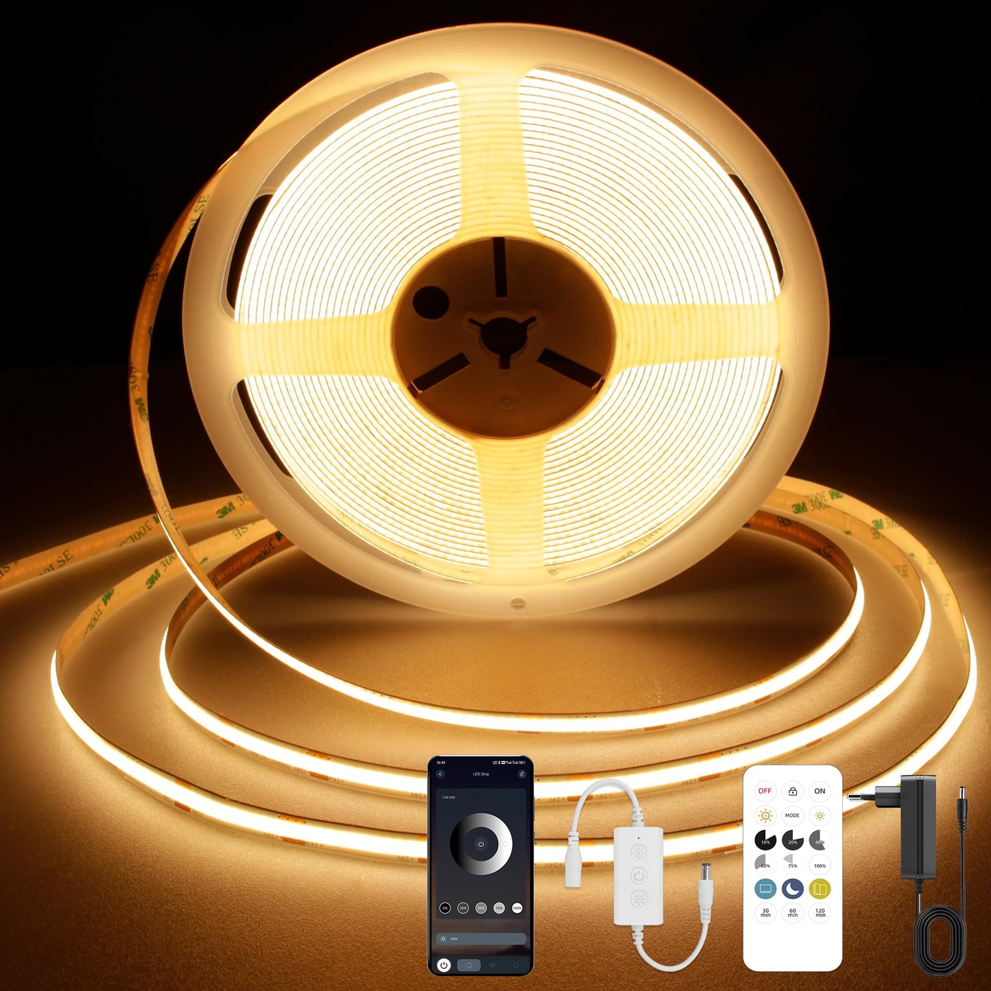 TTWAY COB LED lente 5M, silti balta 2700K, 24V regulējama LED lente, CRI92, 8mm plata, ar tālvadību un barošanas bloku, mājas dekoram, virtuvei, spogulim