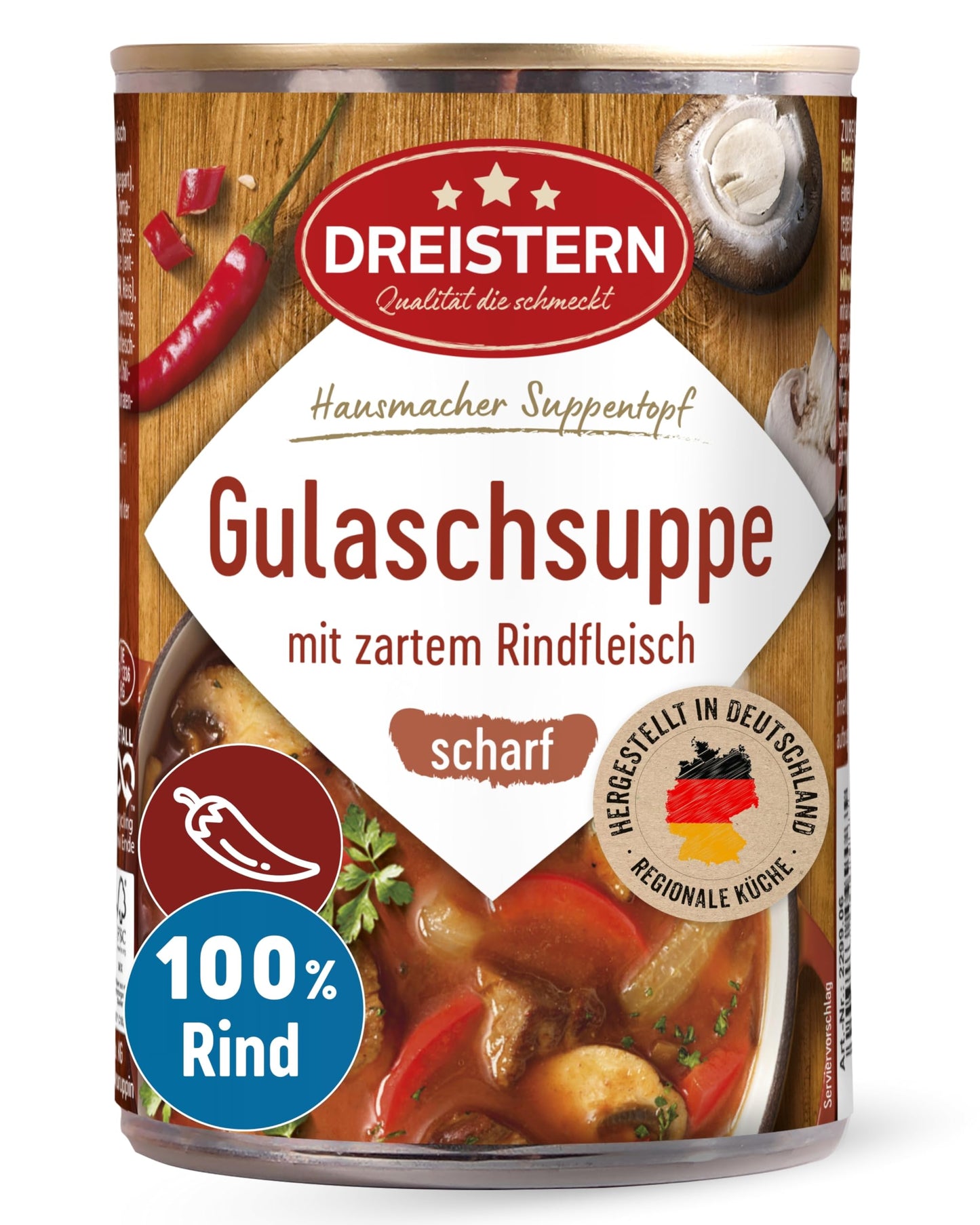 Gulašzupa DREISTERN pikanta 400g ar maigu liellopu gaļu un dārzeņiem, pikants sautējums atkārtoti pārstrādājamā konservu kārbā, ilgs derīguma termiņš