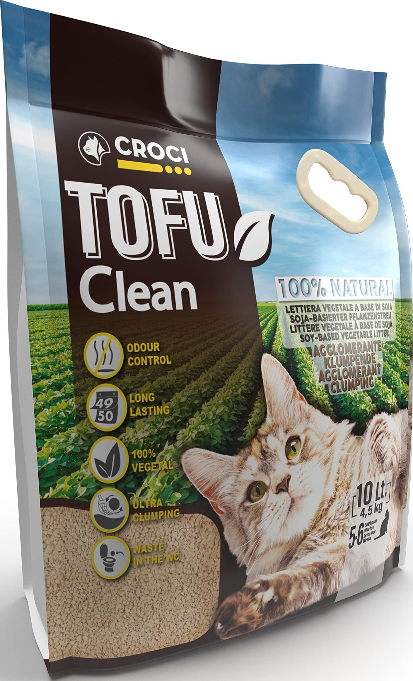 Croci Tofu Clean Litter 10 l – salīpoši kaķu pakaiši, bioloģiski noārdāmi, skalojami tualetē, 100 % augu valsts, ilgnoturīgs smaku mazinošs pakaišu pildījums