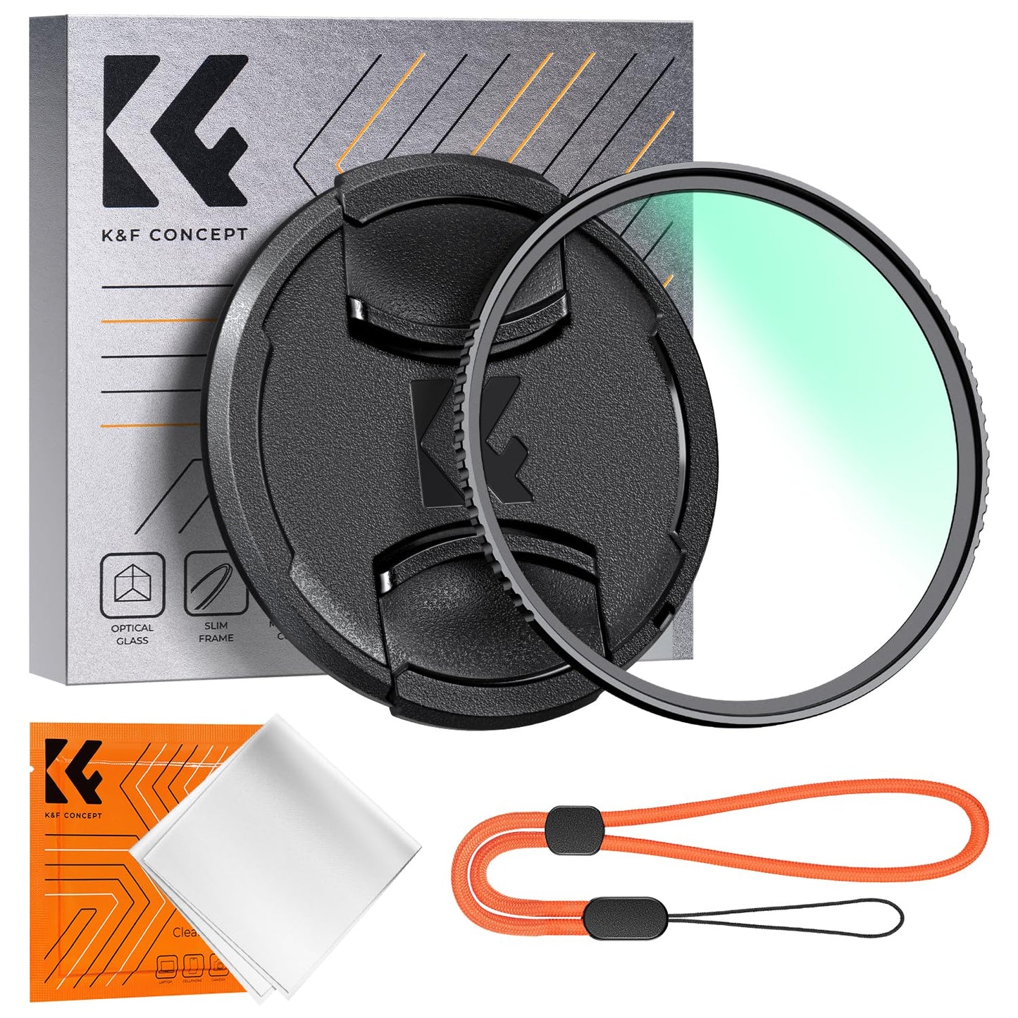 K&F Concept UV filtrs 77mm ar objektīva vāciņu, tīrīšanas drānu, aizsargfiltrs ar 18 slāņu nanopārklājumiem (Nano Klear)