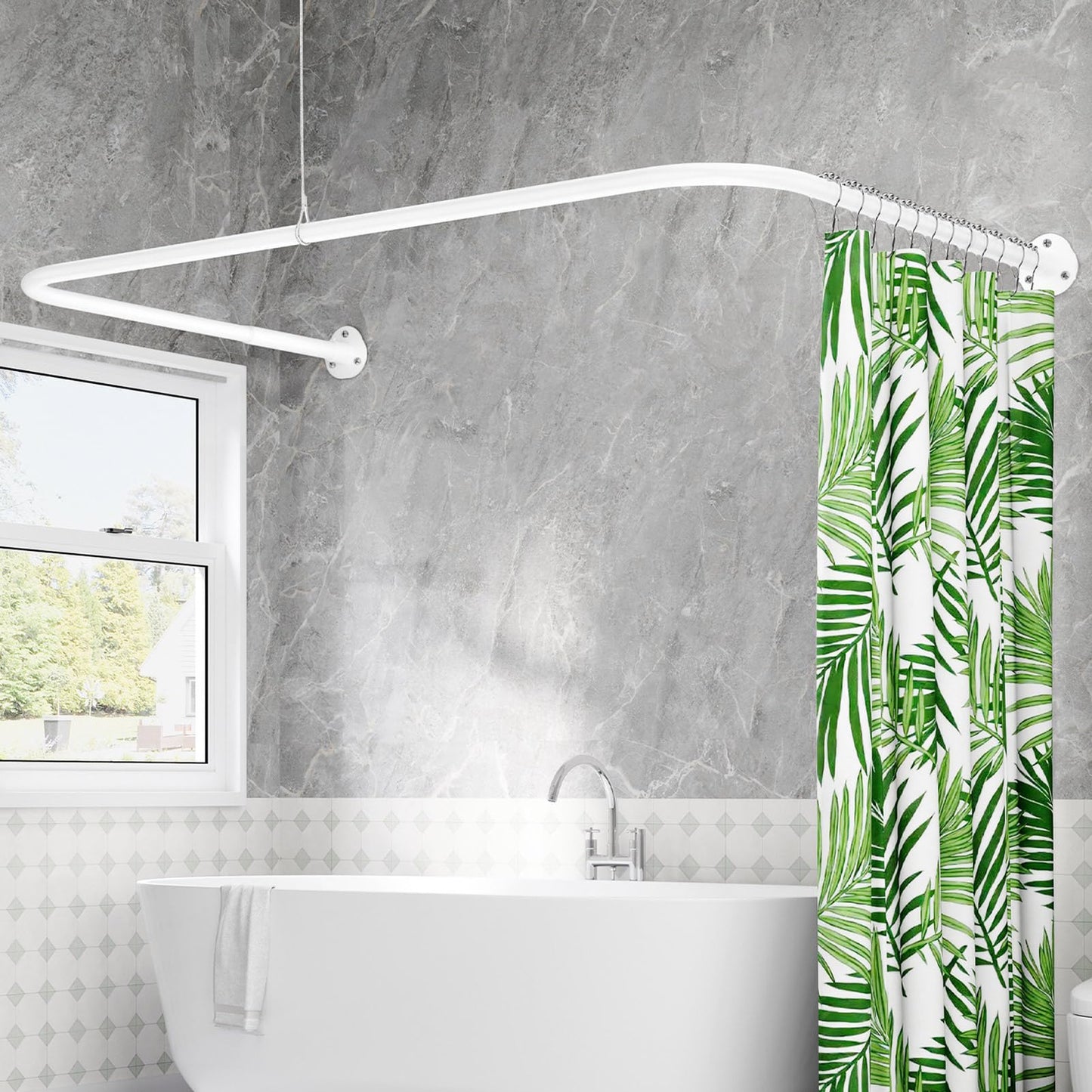 Dušas aizkaru stienis U formā un L formā, regulējams dušas stienis 60-93 cm x 77-197 cm x 60-93 cm, ar 12 gredzeniem un griestu balstu, vannai/dušai, nepieciešama urbšana, balts