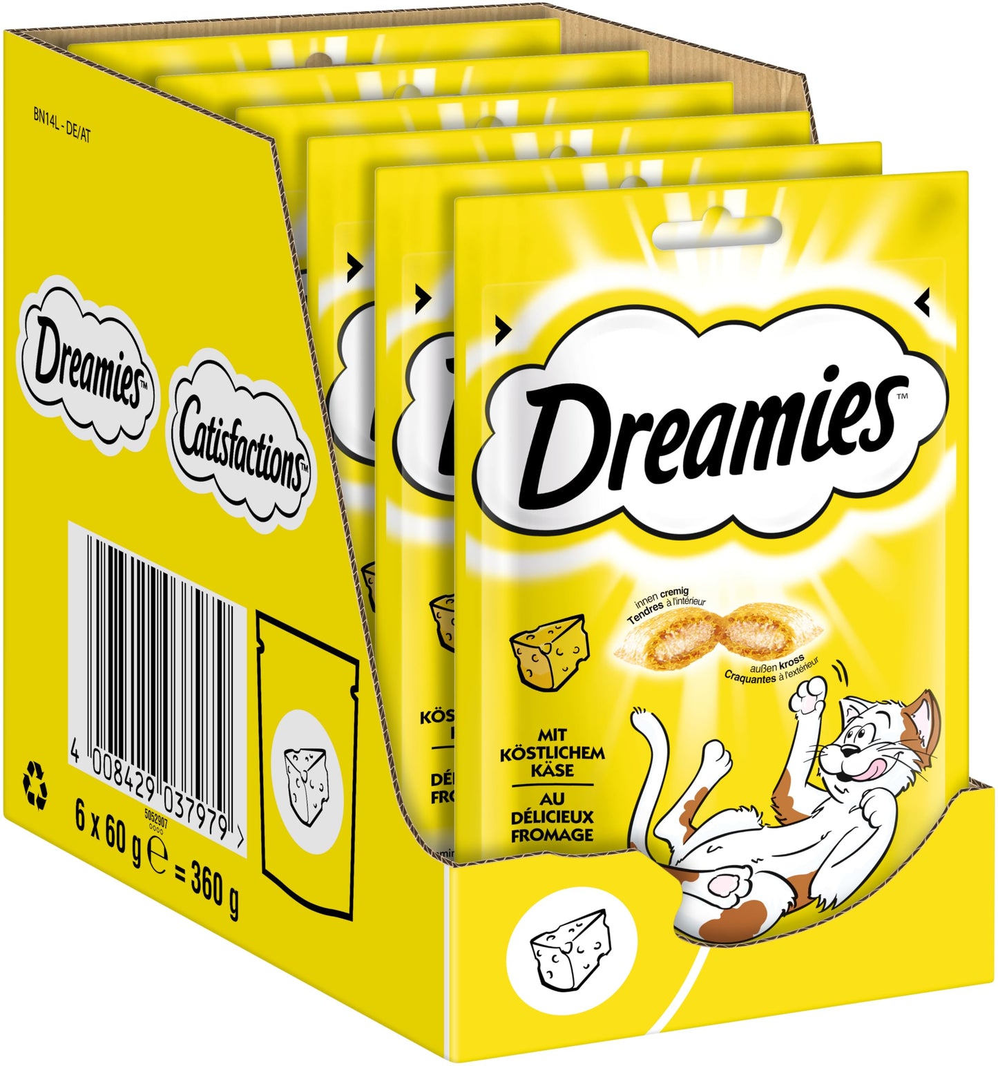 Kaķu kārumi ar siera garšu Dreamies, 6 iepakojumi, 6x60g – kraukšķīgi no ārpuses un krēmīgi iekšpusē