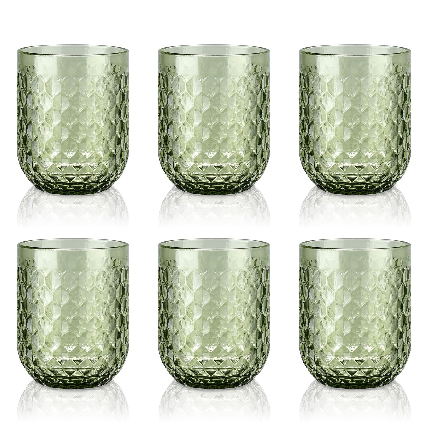 Dzeramo glāžu komplekts Joeyan 200ml, 6 zaļas retro glāzes ar dimanta reljefu, krāsainas ūdens glāzes mājām, restorānam un bāram, derīgas mazgāšanai trauku mašīnā