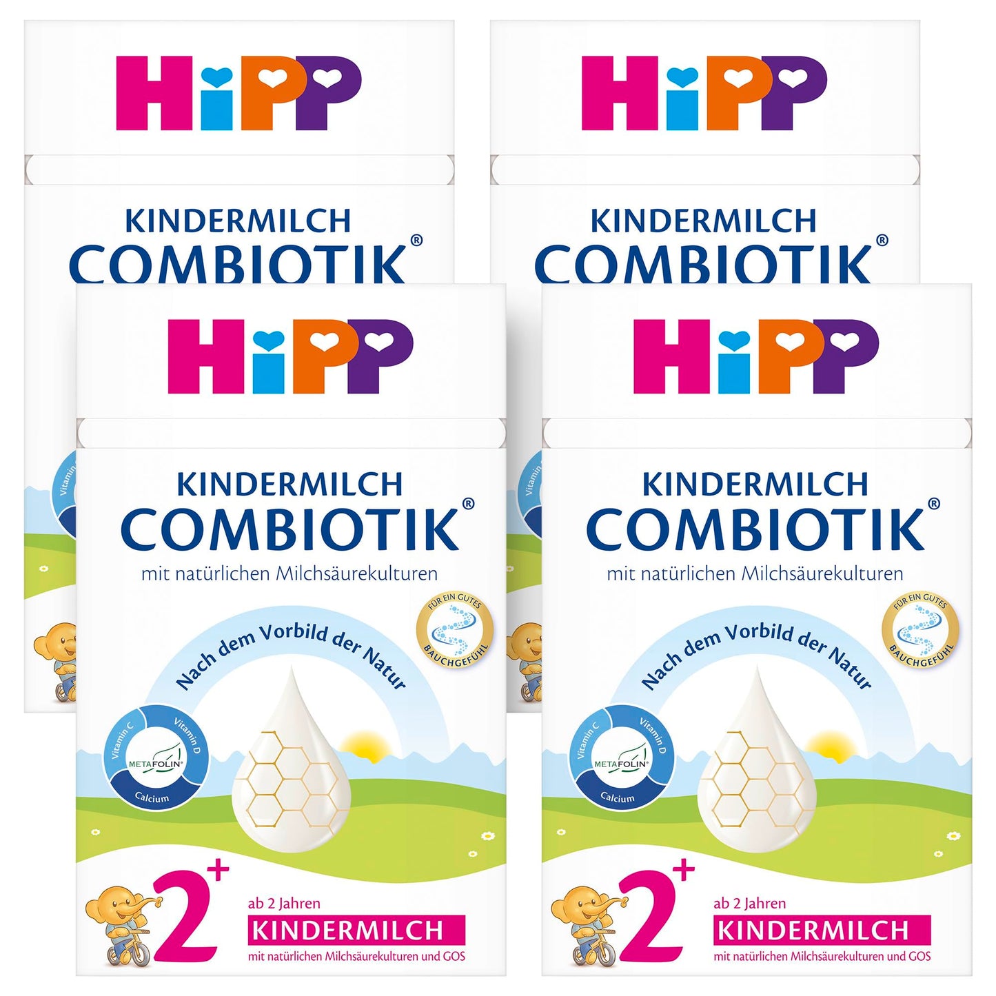 Bērnu piens HiPP Kindermilch Combiotik 2+ (4 x 600g) no 2 gadu vecuma, ar dabīgām pienskābes kultūrām un šķiedrvielām, kalciju, C un D vitamīnu