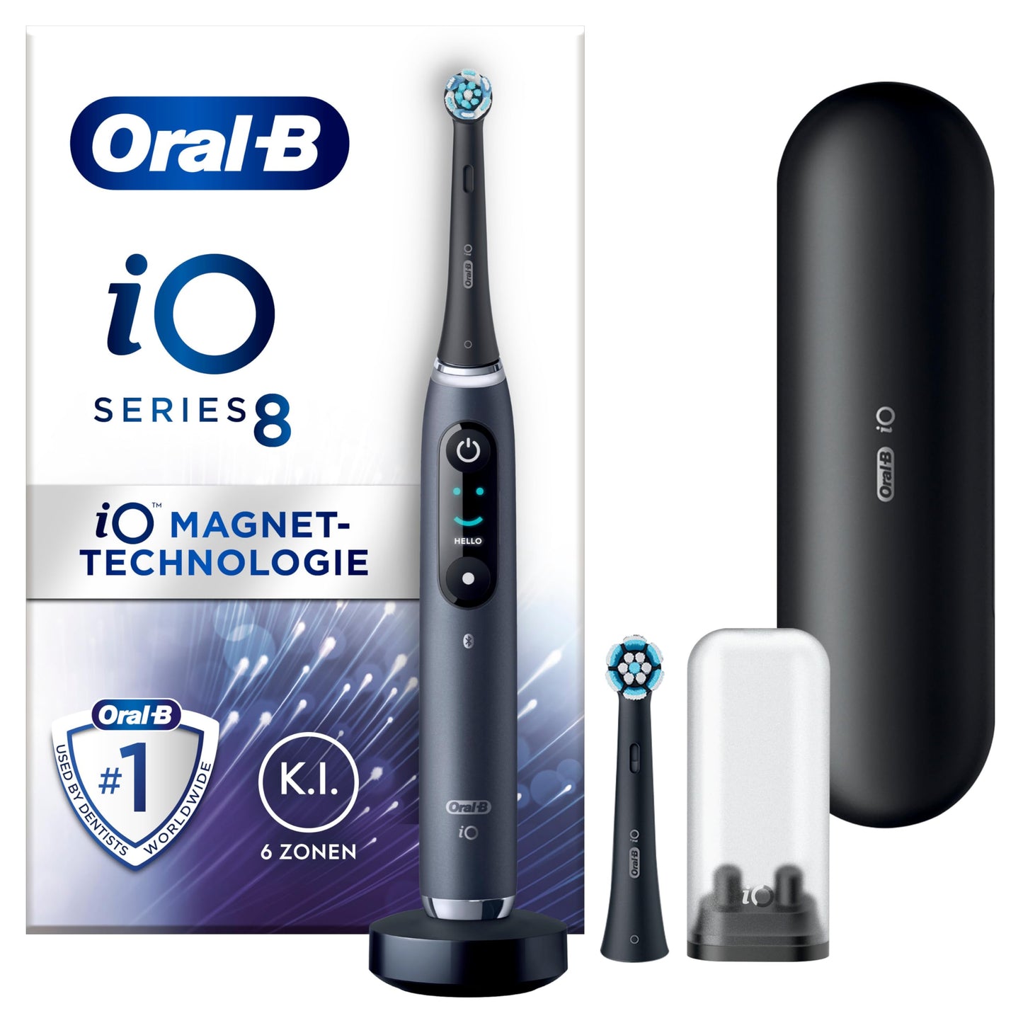 Oral-B iO sērija 8 Elektriskā zobu birste, 2 uzgaļi, 6 tīrīšanas režīmi zobu kopšanai, Valentīndienas dāvana Viņam/Viņai, krāsu displejs un ceļojumu maciņš, izstrādājusi Braun, melns onikss
