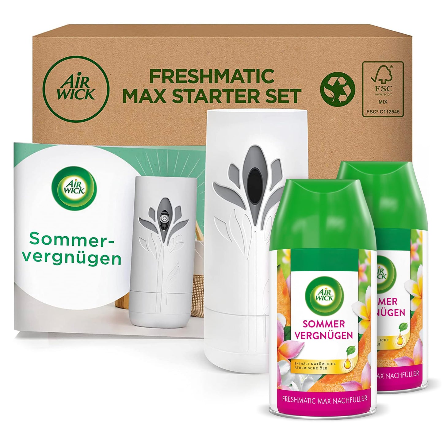 Automātiskais telpas aerosols Air Wick Freshmatic Max, sākuma komplekts ar 2 uzpildēm, Summervergnügen, 2 x 250 ml uzpildes + ierīce