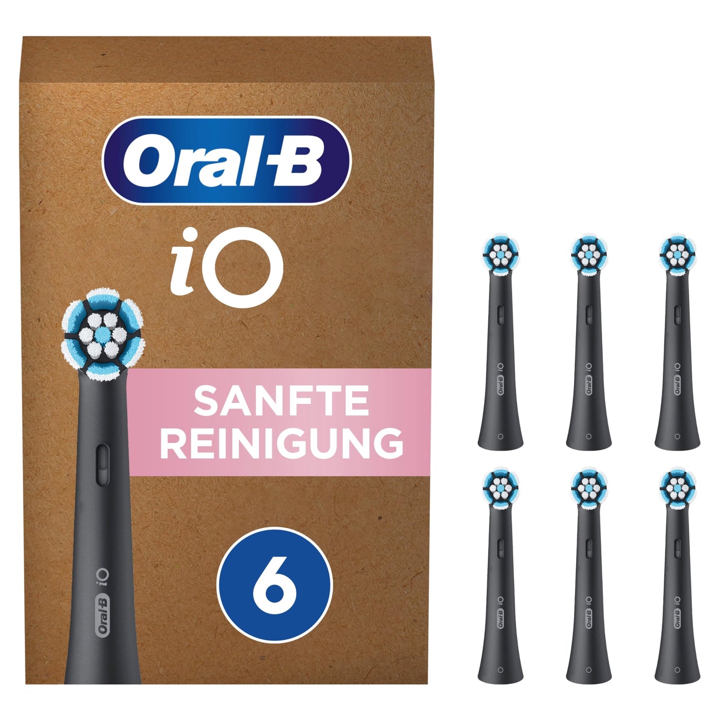 Oral-B iO Maiga tīrīšana uzgali elektriskajai zobu birstei, 6 gab., maiga zobu tīrīšana, oriģinālie zobu birstes uzgaļi Oral-B iO zobu birstēm, pastkastītei piemērota iepakojums, melns