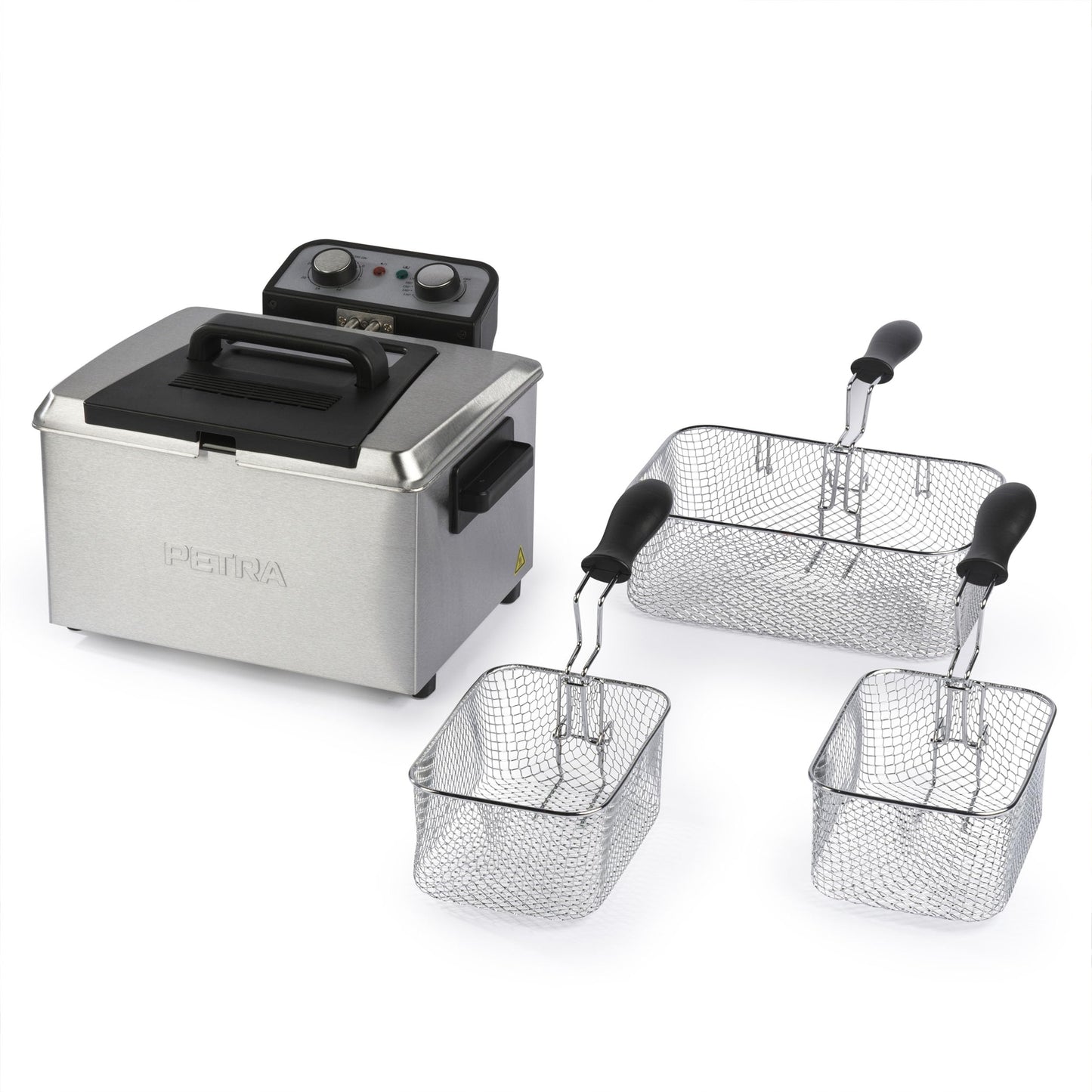 Petra 5L fritieris - Liels stiepļu grozs, 2 mazi grozi, noņemams rokturis, regulējama temperatūra, 3000W, viegli tīrāms.