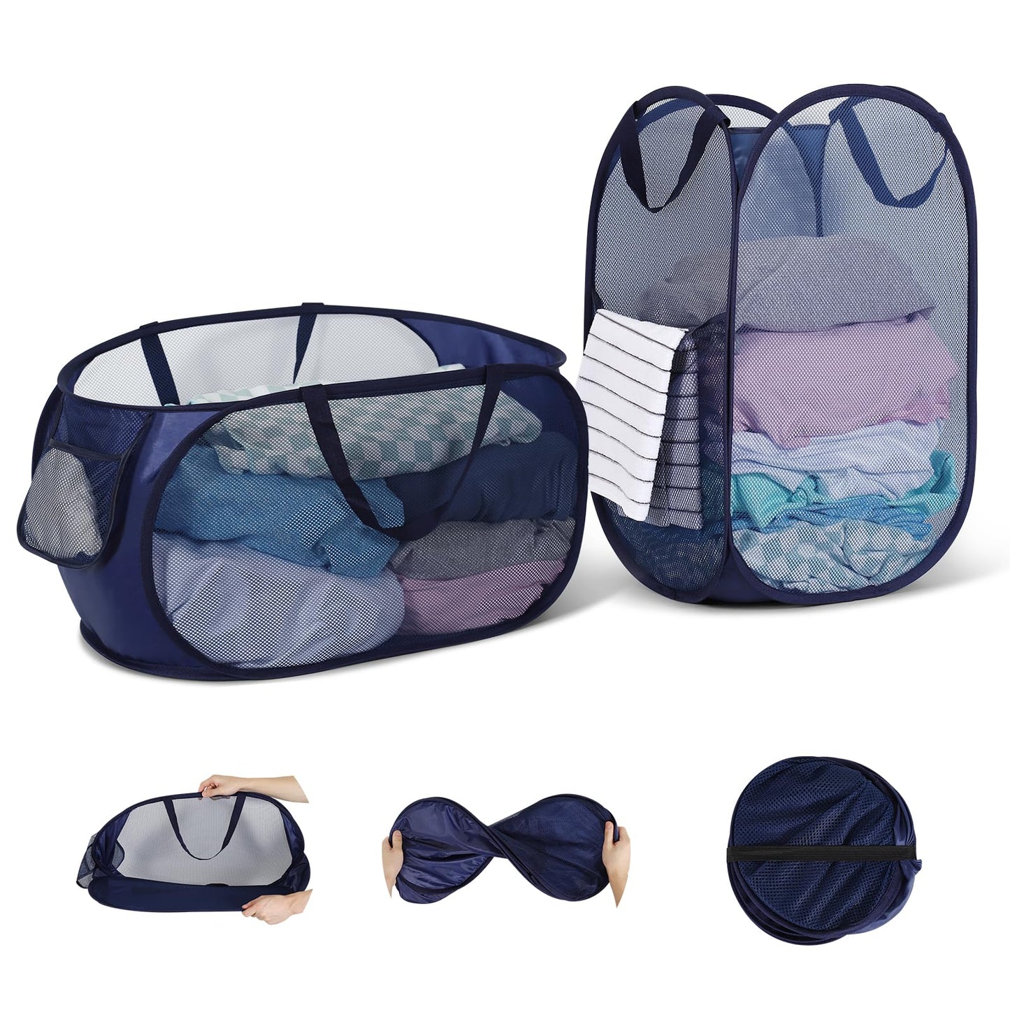 Saliekams veļas grozs WUFANC, 2 gab., 75L, no elpojoša tīkla materiāla, 36 * 36 * 58cm, ar rokturi, vannas istabai un ceļošanai, tumši zils