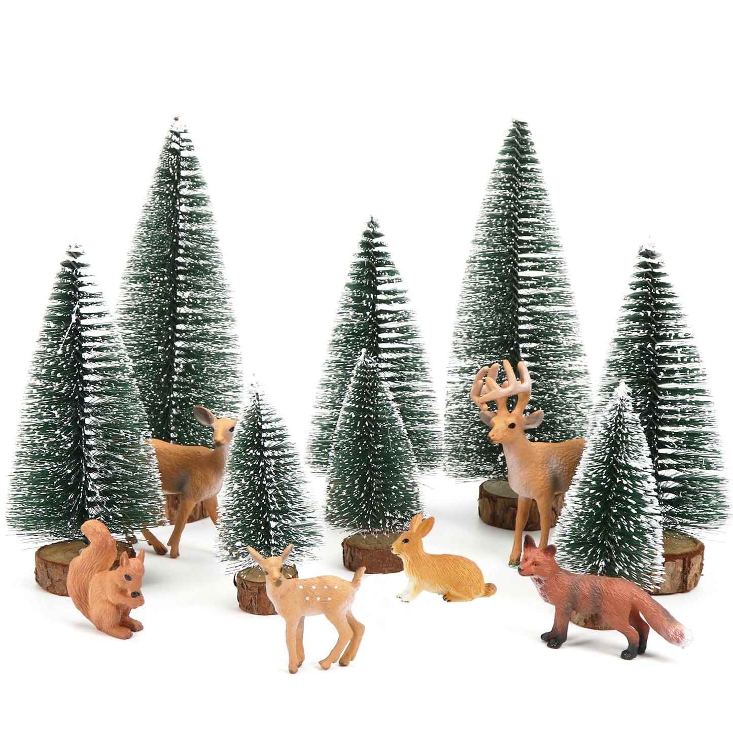 14 gab. Ziemassvētku mini figūras, mini mākslīgās Ziemassvētku eglītes ornaments, maza eglīte, trusis, vāvere, alnis, lapsa, ziemeļbriedis figūras, Ziemassvētku galda dekors, skatloga dekors, dāvanām, DIY