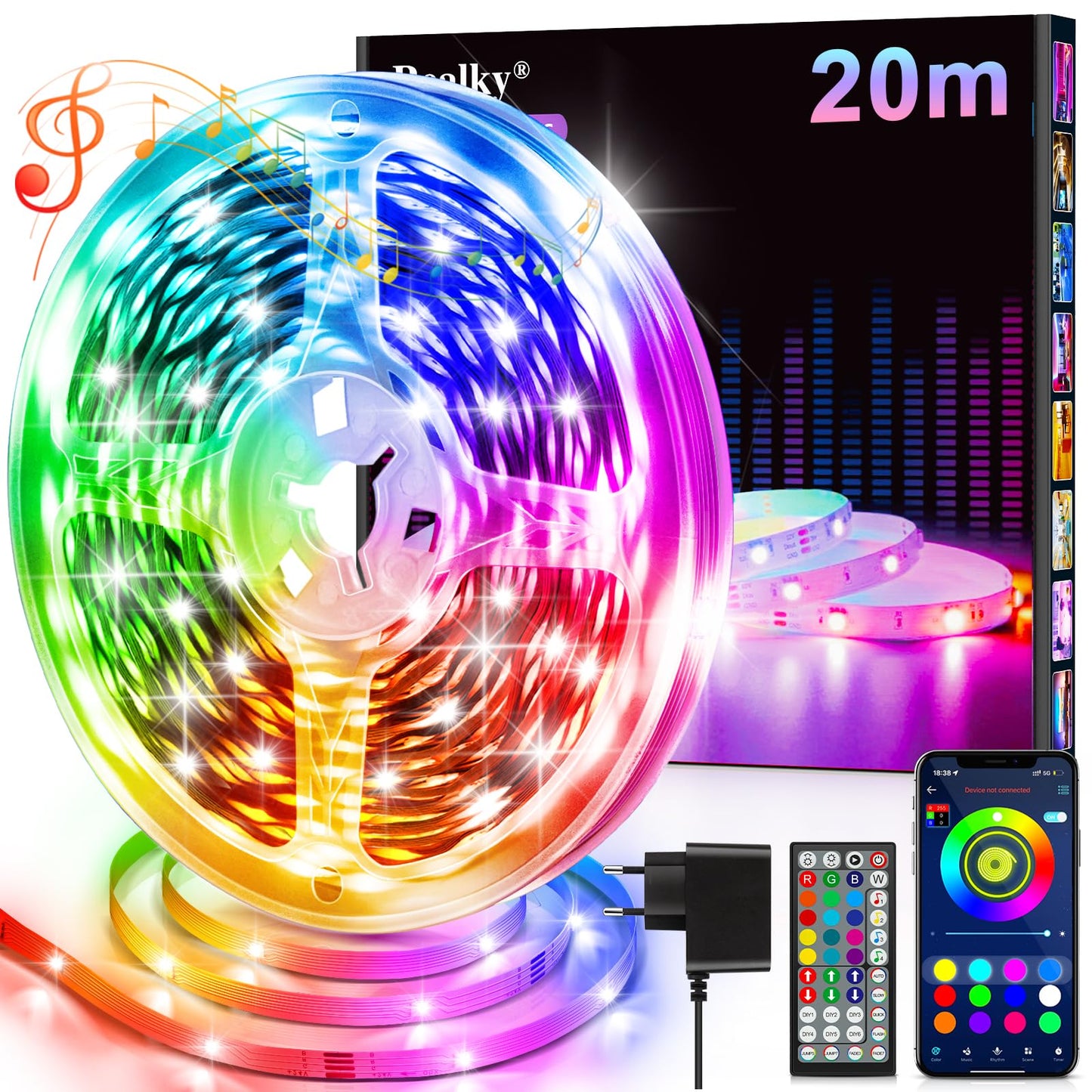 LED lente 20m ar tālvadības pulti, lietotni un mūzikas sinhronizāciju, RGB LED strip dimmējama