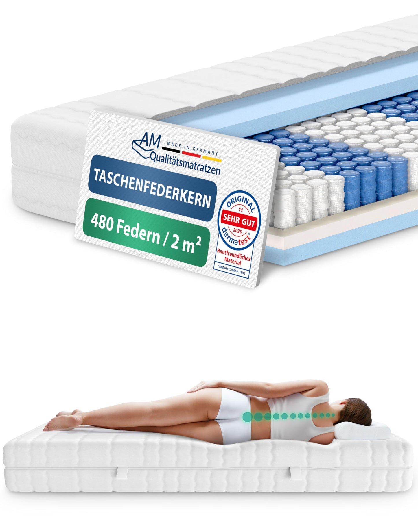 Matracis AM Qualitätsmatratzen 7 zonu kabatu atsperu matracis 90x200 cm H3, Made in Germany, ergonomisks, mazgājams pārvalks, OEKO-TEX sertificēts, 20 cm augsts