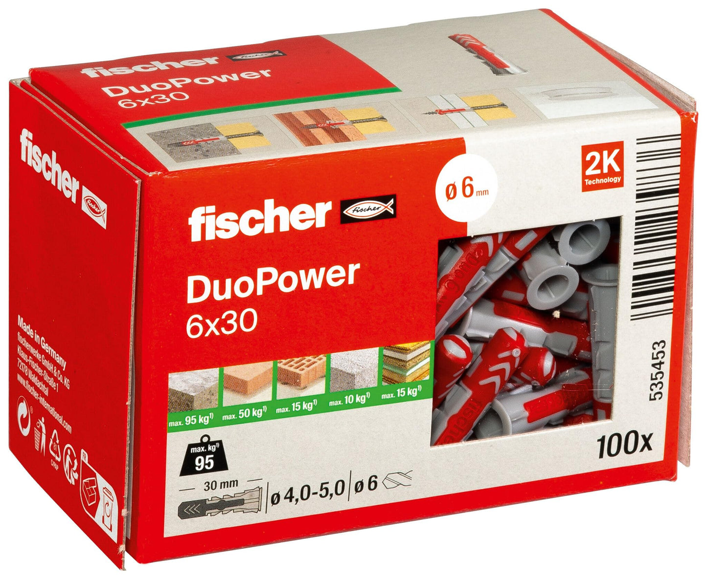 fischer DuoPower 6 x 30 universālais dībelis, 2-komponentu dībelis ar augstu noturību, plastmasas dībelis betonam, ķieģeļiem, akmenim, ģipškartonam un citām virsmām, bez skrūvēm, 100 gab.