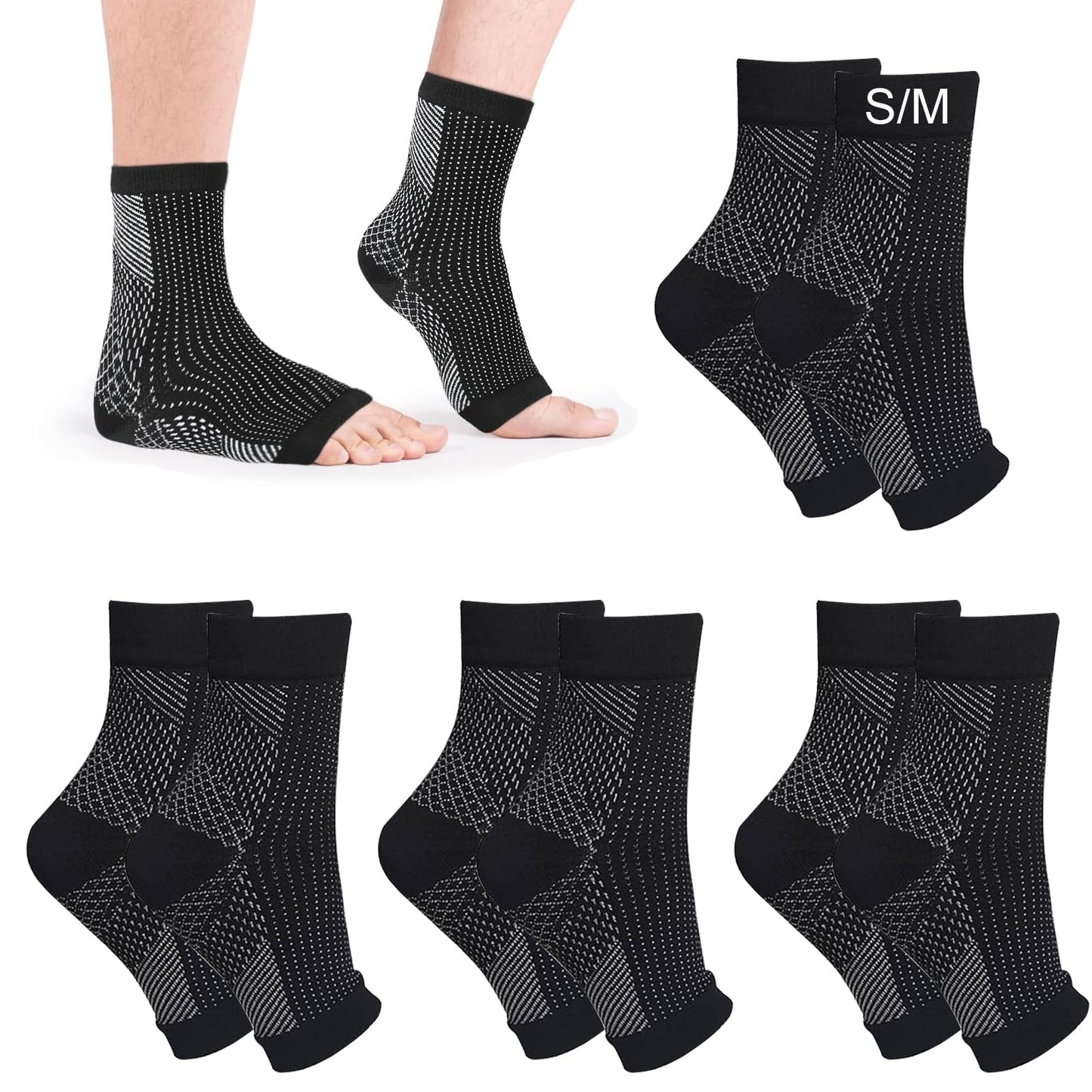 4 pāri melnu Super Socks neiropātijas atbalsta zeķes sievietēm DGUSO, nano neiropātijas zeķes, pēdu kompresijas zeķes, pēdas bandāža sportam, fitnesam, skriešanai un asinsrites veicināšanai S/M