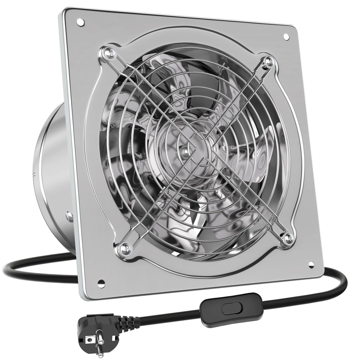 HG Power nosūces ventilators 150mm, 525m³/h vannas istabas ventilators ar atpakaļvārstu, metāla sienas ventilators ar EU spraudni, sudraba