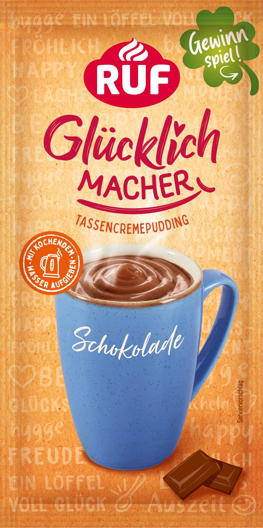 Šokolādes krēma pudiņš krūzītē RUF Glücklichmacher, ātrais deserts, pievieno tikai ūdeni, 1 x 59g paciņa