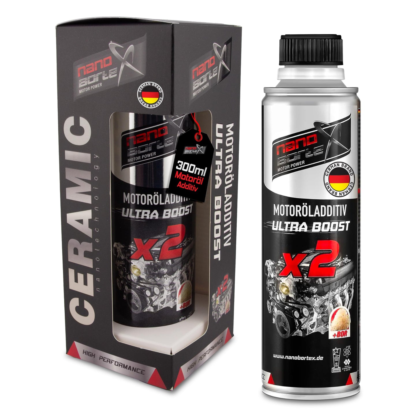NanoBorTeX Ceramic Ultra-Boost motoreļļas piedeva 300ml | Keramikas un BOR nodiluma aizsardzība, mazāka berze, ilgāks dzinēja mūžs
