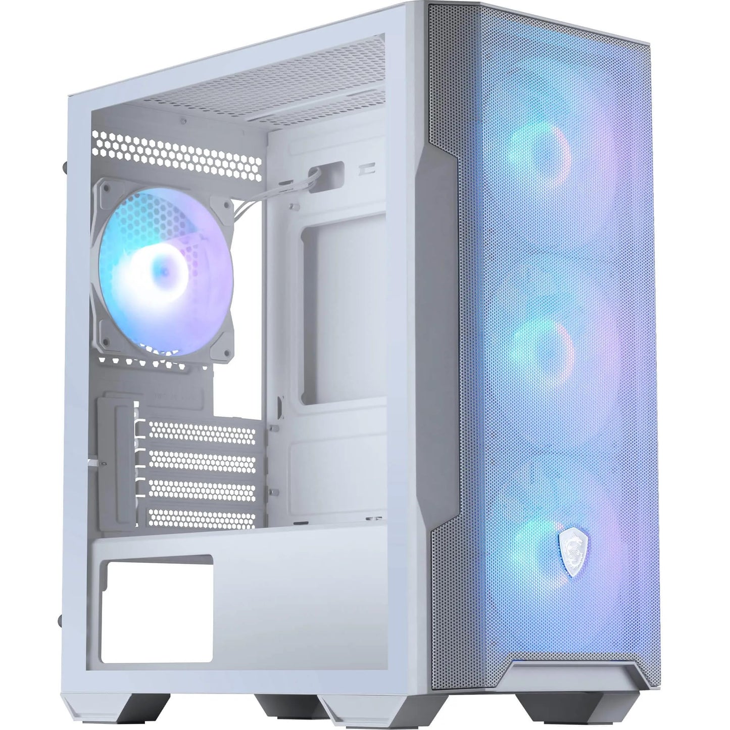 MSI MAG Forge M100R Balts - Mid-tower case with RGB lighting, tempered glass side panel, and efficient airflow design.