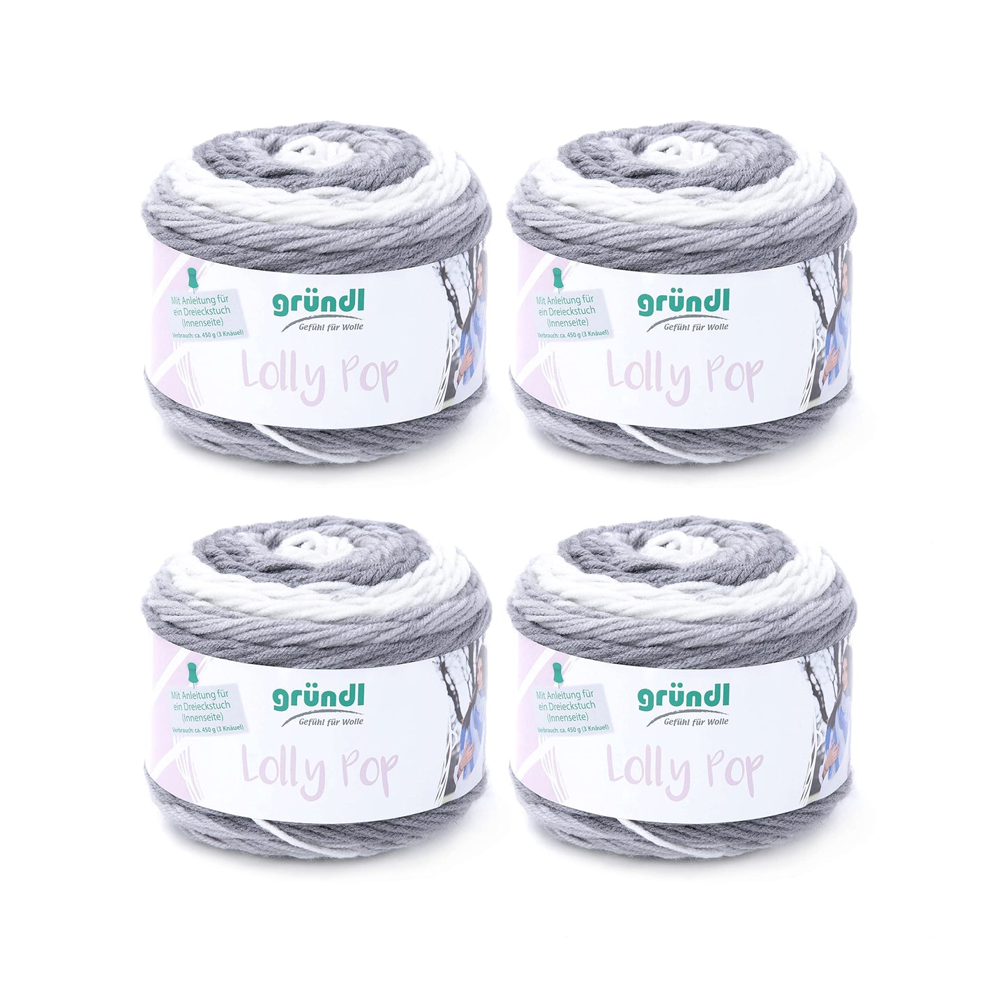 Adāšanas dzija Gründl Wolle Lolly Pop, 4 kamoli 150 g, Silver Swirl