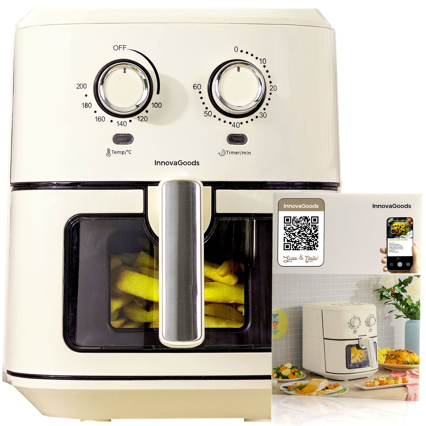 InnovaGoods® Heißluftfriteuse Vintage 6,5L, airfryer 1700W ar +100 receptēm DE heissluftfriteuse ar logu, nelipīga groza, taimeris un 360° gaisa plūsma, friteuse ideāli piemērota 4-6 personām. Krāsa: krēmkrāsa.