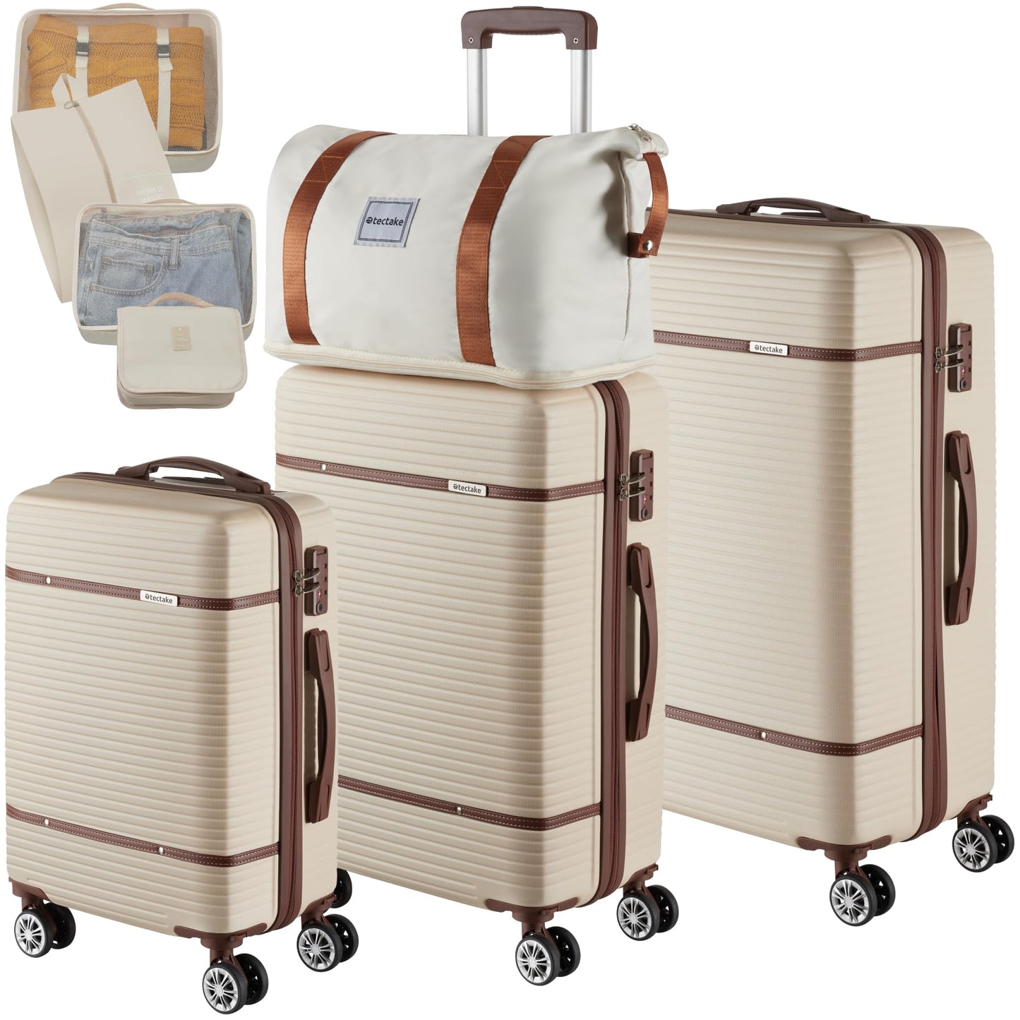 tectake® 13 daļu koferu komplekts ar ceļojumu somu, koferiem un ratiņu koferiem, 3 lieliem koferiem un somu, cietā apvalka koferu komplekts ar TSA slēdzeni, krēmkrāsas