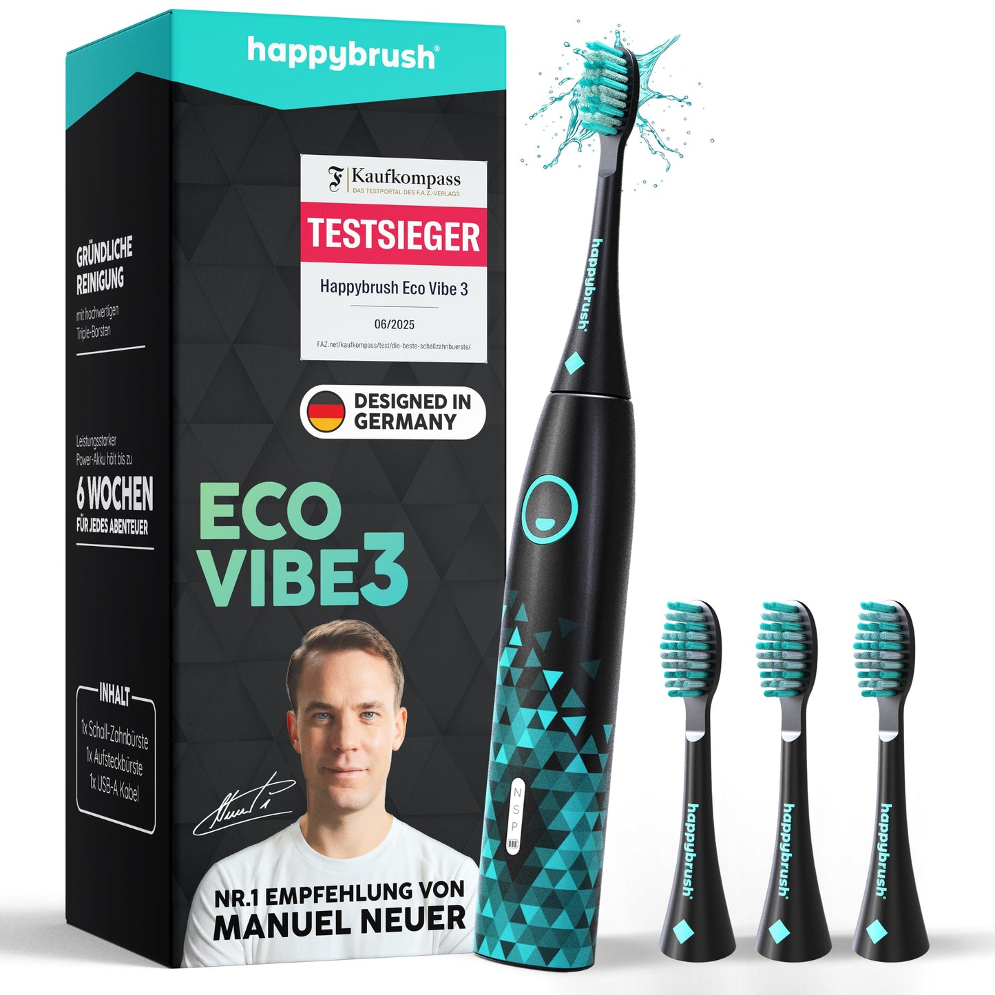 Sonic elektriskā zobu birste happybrush Eco Vibe 3, TESTSIEGER, 100 dienas izmēģinājums, 8 nedēļu akumulators, Black/Mint