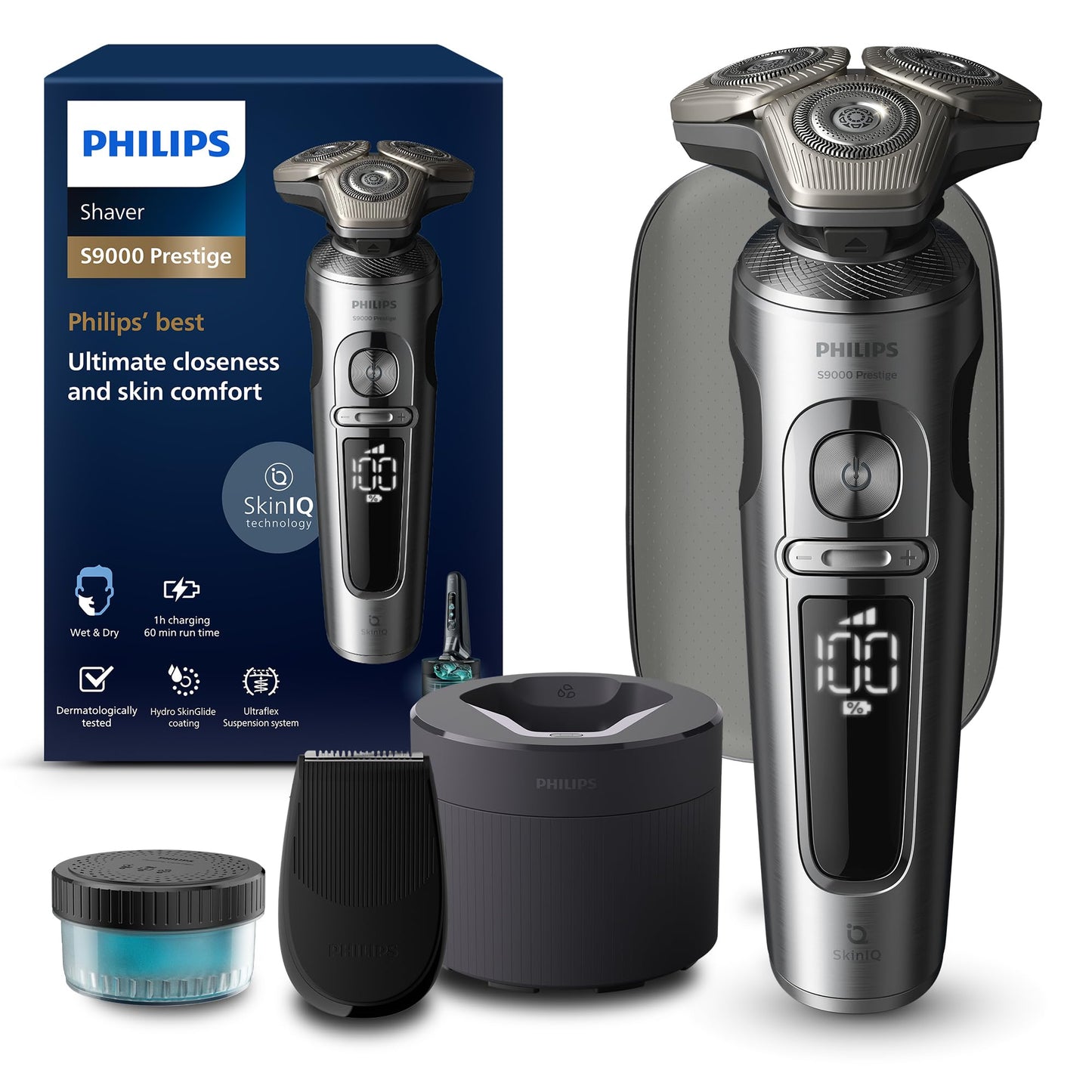 Philips skuveklis S9000 Prestige, elektriskais mitrais un sausais skuveklis, gaišs hroms, Lift & Cut skūšanas sistēma, SkinIQ tehnoloģija, precizitātes trimmeris, tīrīšanas stacija un ceļojumu maciņš, modelis SP9841/32