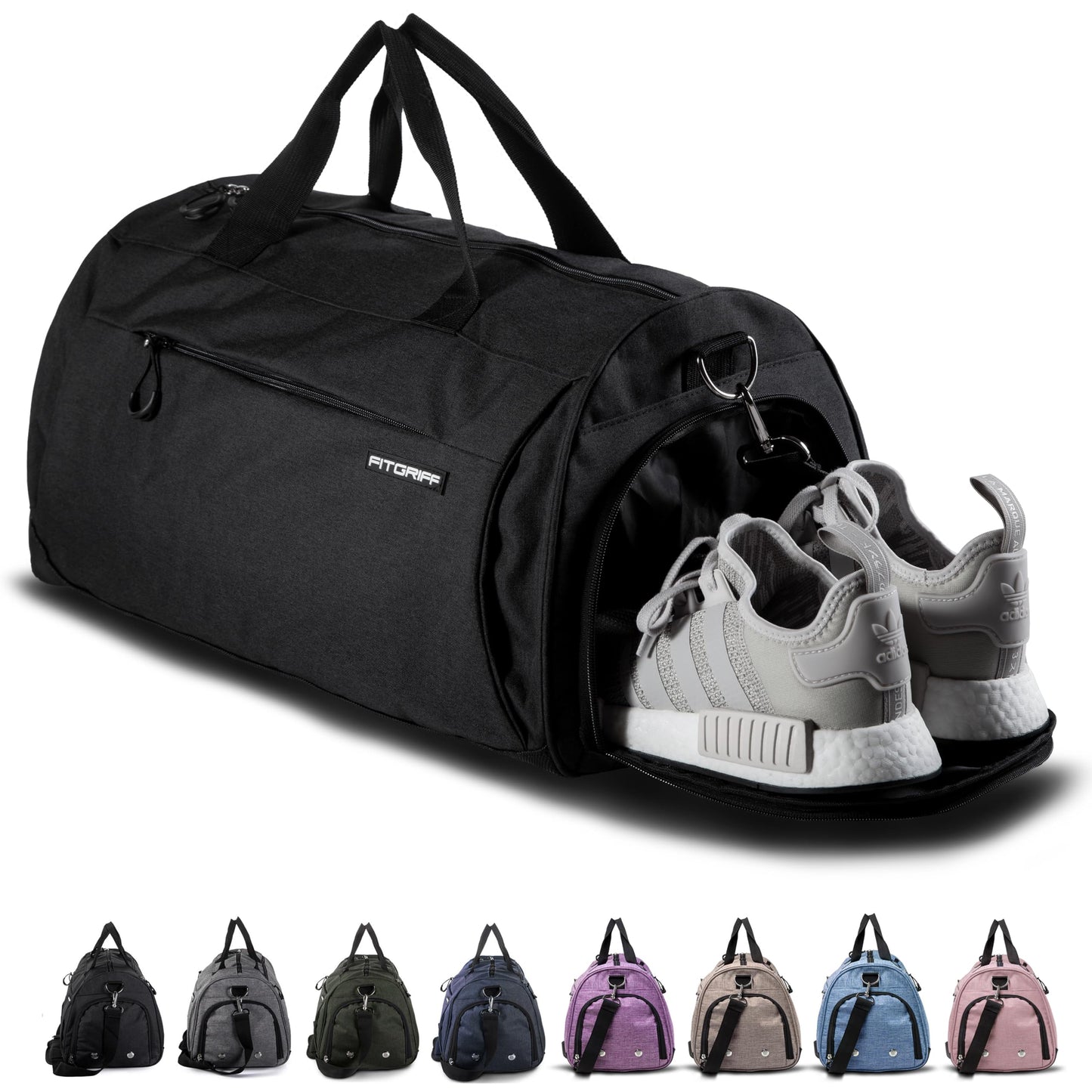 Sporta soma un ceļojumu soma Fitgriff® sievietēm un vīriešiem ar apavu nodalījumu un mitro nodalījumu, soma sportam, fitnesam un ceļošanai, treniņu soma, gym bag (Black, 48 x 26 x 25 cm (Small))