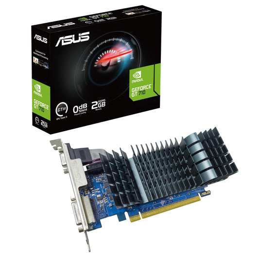 ASUS GeForce GT 710 - 2GB GDDR5, supports 3 monitors, PCIe 2.0, HDMI 1.4b, ideal for quiet HTPC setups.