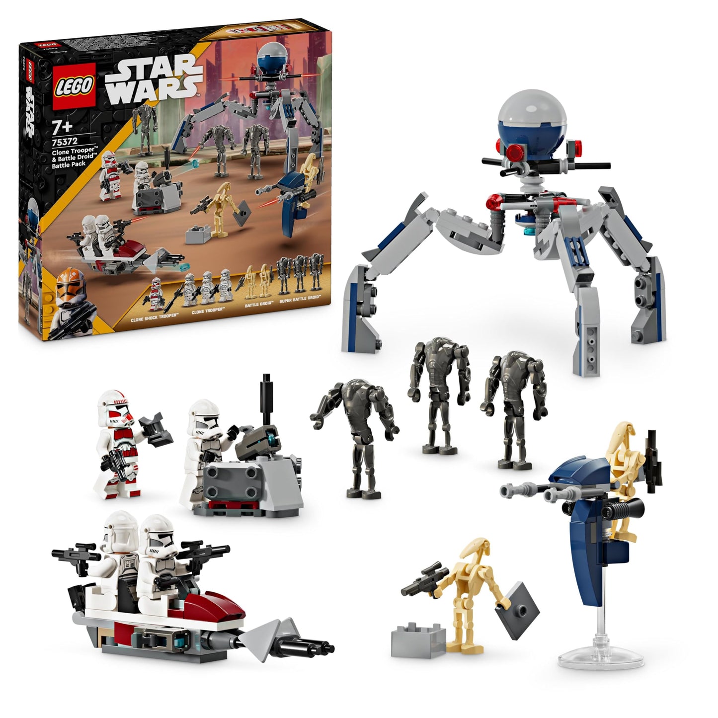 LEGO Star Wars 75372 Clone Trooper & Battle Droid Battle Pack, 4 minifigūru un 5 droidu komplekts, Speeder Bike ar shooter, būvēšanas rotaļlieta zēniem un meitenēm no 7 gadiem