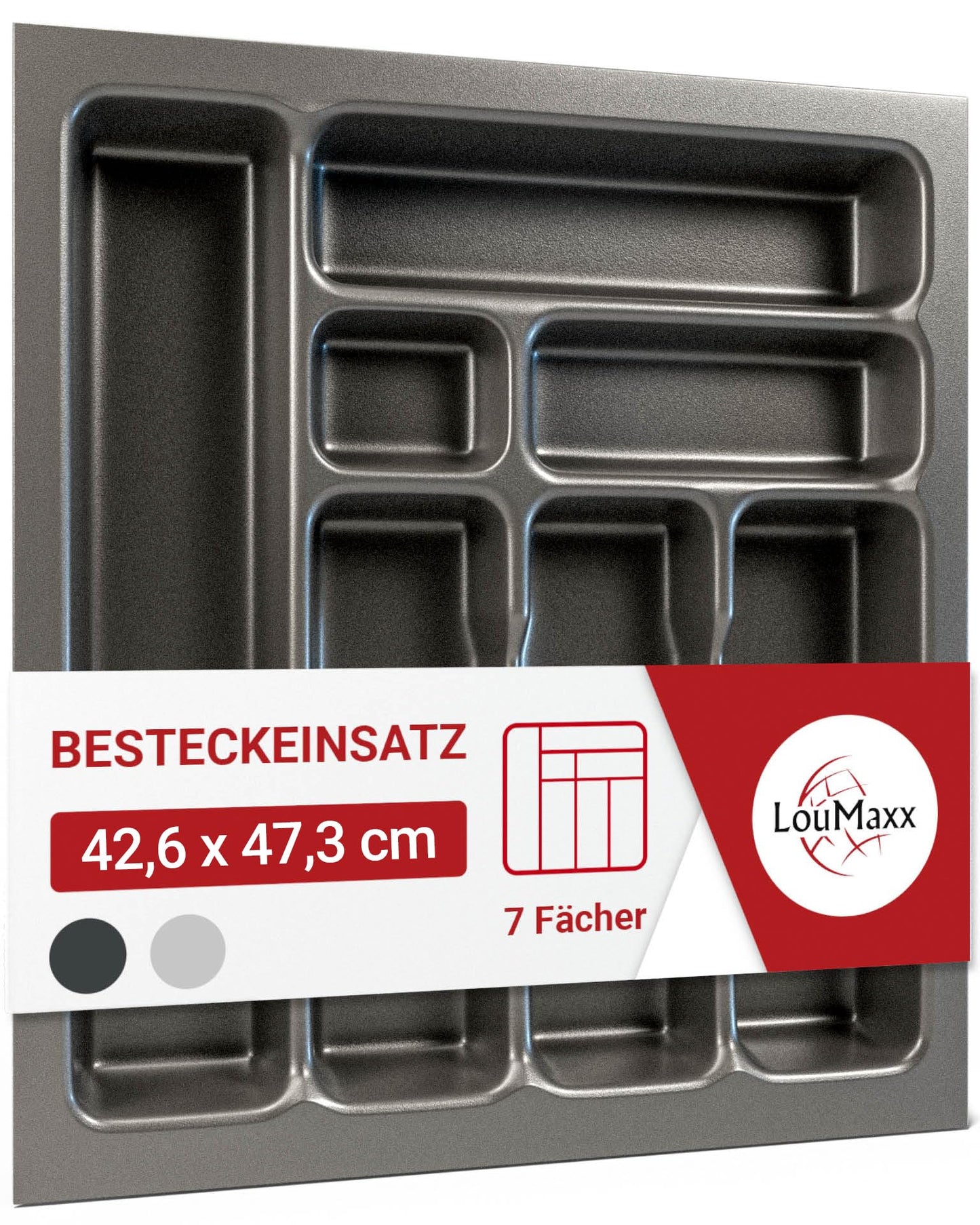 LouMaxx galda piederumu ieliktnis 50 cm platām atvilktnēm, 47,3 x 42,6 cm, Made in Germany, bazalta pelēks, 7 nodalījumi