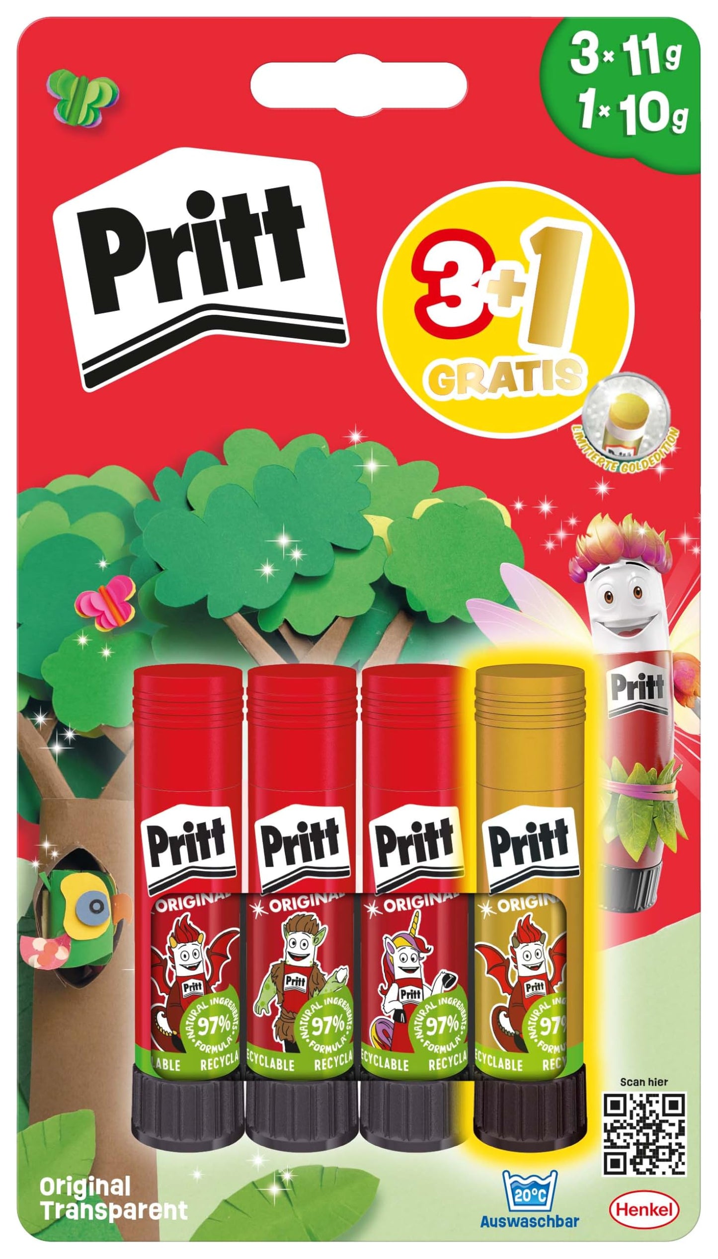 Līmes zīmuļu komplekts Pritt Design, droša un bērniem piemērota līme radošiem darbiem un skolai, 3x11g oriģinālie un 1x10g krāsains Pritt zīmulis, 9H PBS4B