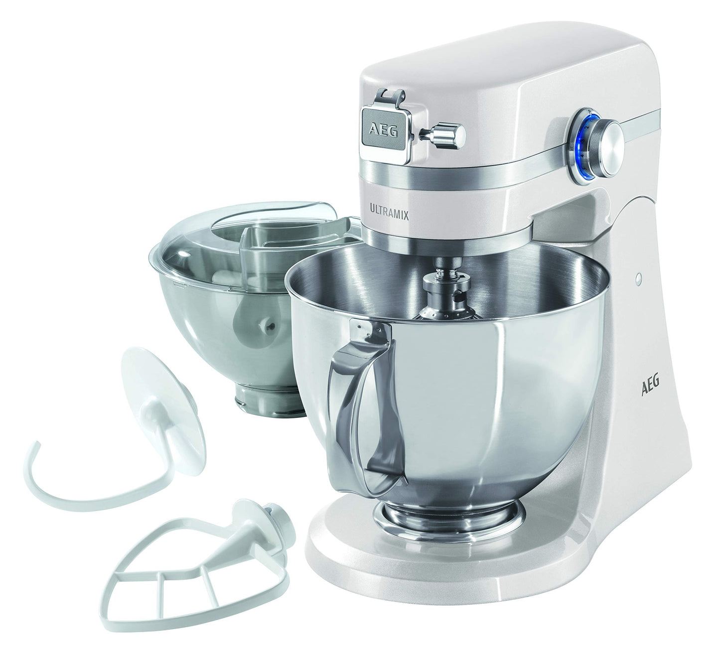 AEG KM 4100 virtuves mašīna / piederumi / 1,4 ZS / 10 ātrumu līmeņi / LED gaisma / planetārais maisītājs / pilnīgi metāla korpuss / 4,8 l un 2,9 l nerūsējošā tērauda maisīšanas trauki ar izsmidzināšanas aizsargu / balts