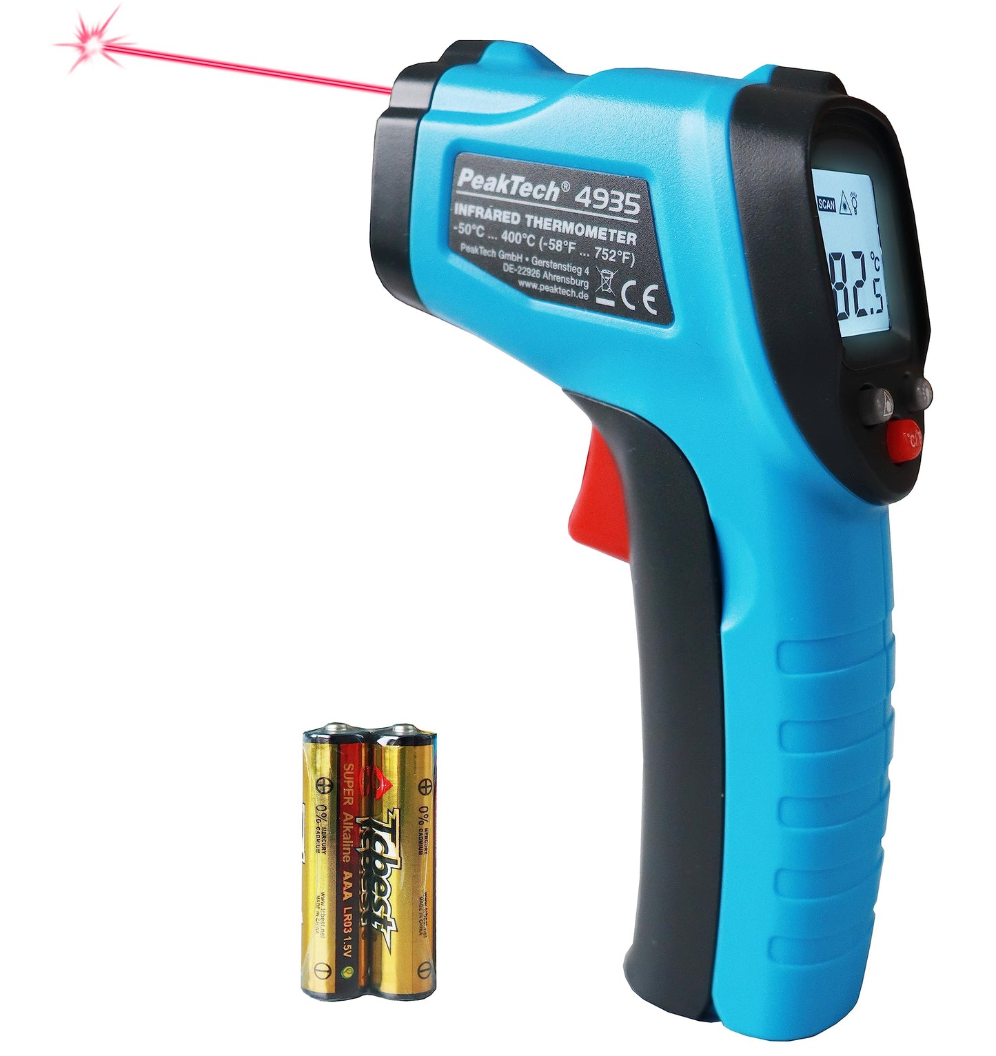 Infrasarkanais termometrs PeakTech P 4935 ar lāzeru, -50°C … 400°C, mērījuma punkta attiecība 12:1, ātrai virsmas temperatūras mērīšanai 0.5sec, fiksēta emisijas pakāpe 0,95