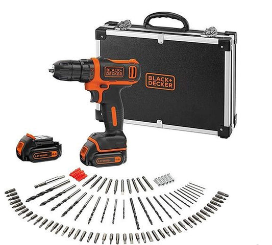 Black+Decker akumulatora urbjmašīna - 10,8V, ultrakompakta, LED gaisma, mīksts rokturis, 2 akumulatori, 100 piederumi, koferis