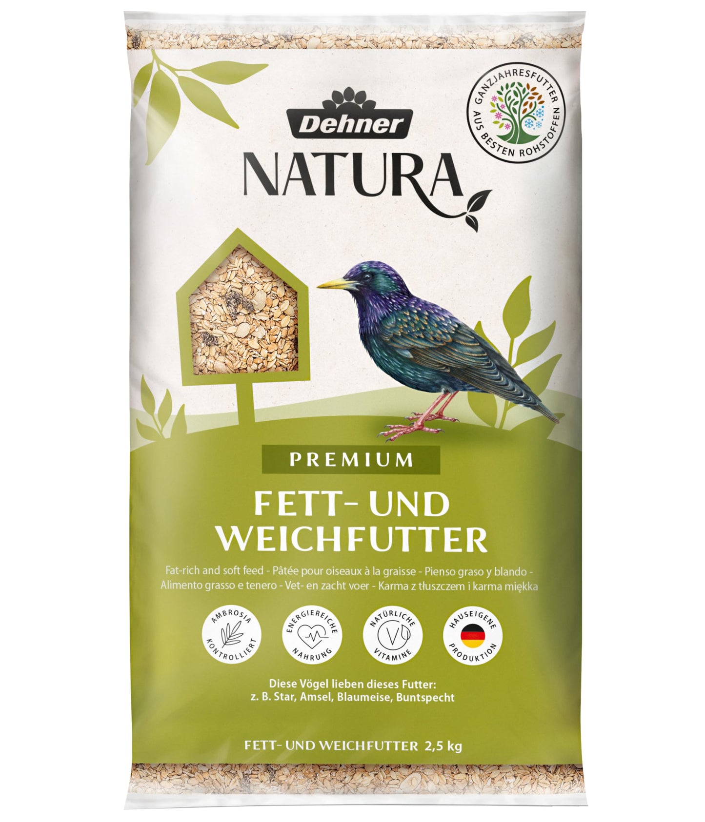 Savvaļas putnu barība Dehner Natura Premium, taukbarība un mīkstā barība, visa gada barība, 2.5 kg