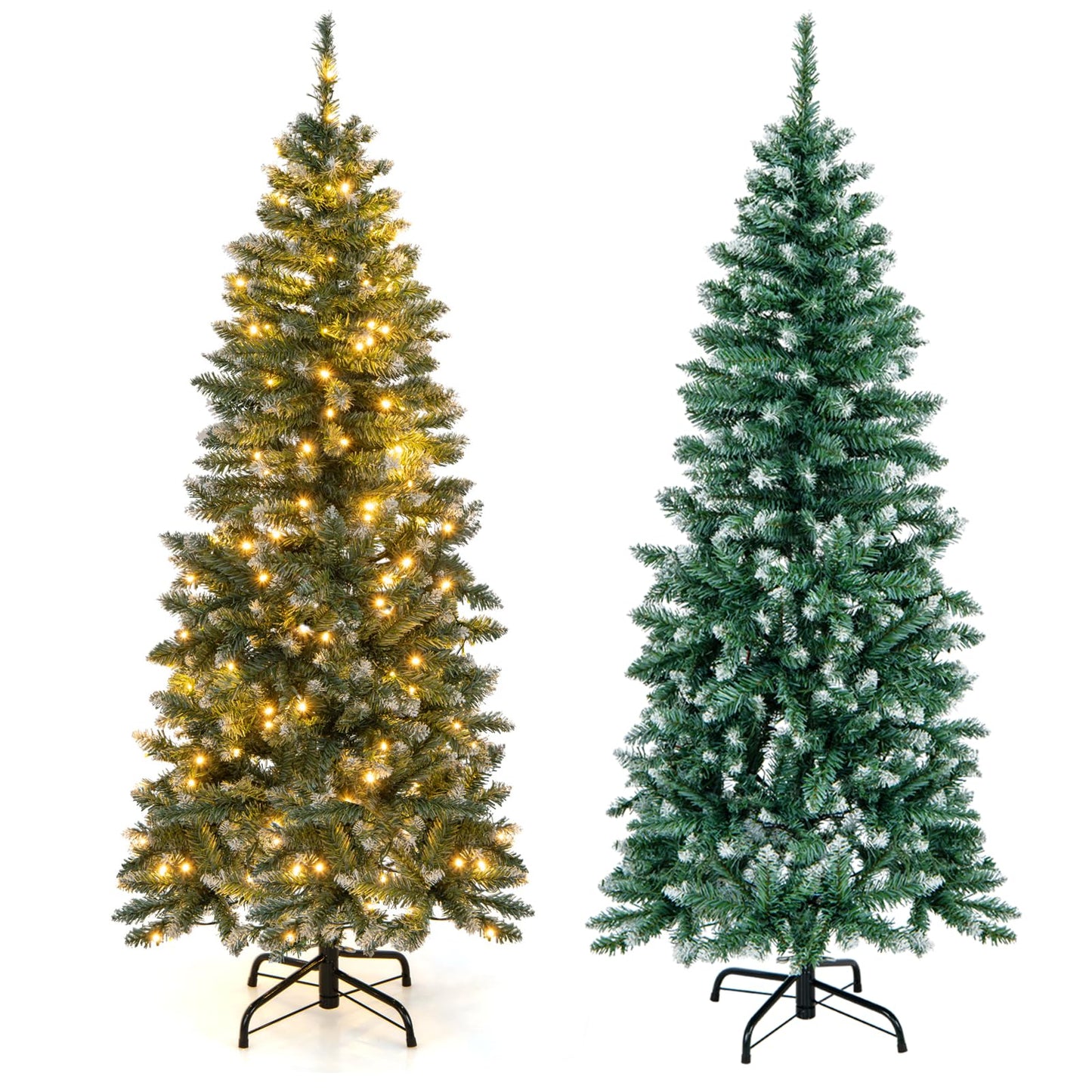 COSTWAY 150 cm zīmuļa formas Ziemassvētku eglīte ar apgaismojumu, silti baltas LED, mākslīga egle ar metāla statīvu, šaura sniegota Ziemassvētku eglīte, mākslīgā Ziemassvētku eglīte, zaļa+zila
