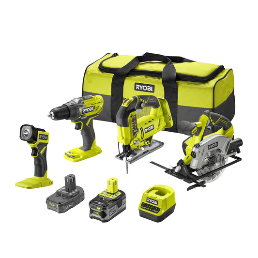 RYOBI Kombinācija, 4 instrumenti, 18 V, ONE+: Urbjmašīna, figūrzāģis, ripzāģis, LED lampa, soma, 2 akumulatori, ātrais lādētājs