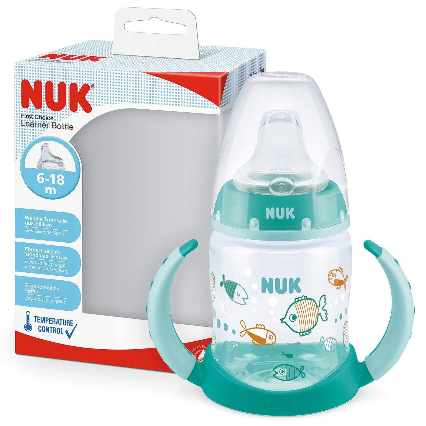 Mācību krūzīte NUK First Choice | 6–18 mēneši | 150 ml | rokturi un ortodontisks silikona uzgalis | hermētiska | pret kolikām | temperatūras kontrole | zaļa