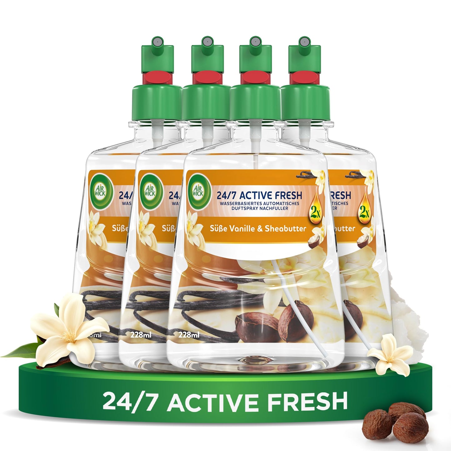Atsvaidzinātājs ar smidzināšanu Air Wick Active Fresh, bez aerosola, automātisks istabas aromāts Sweet Vanilla & Sheabutter, 4 x 228 ml uzpildes
