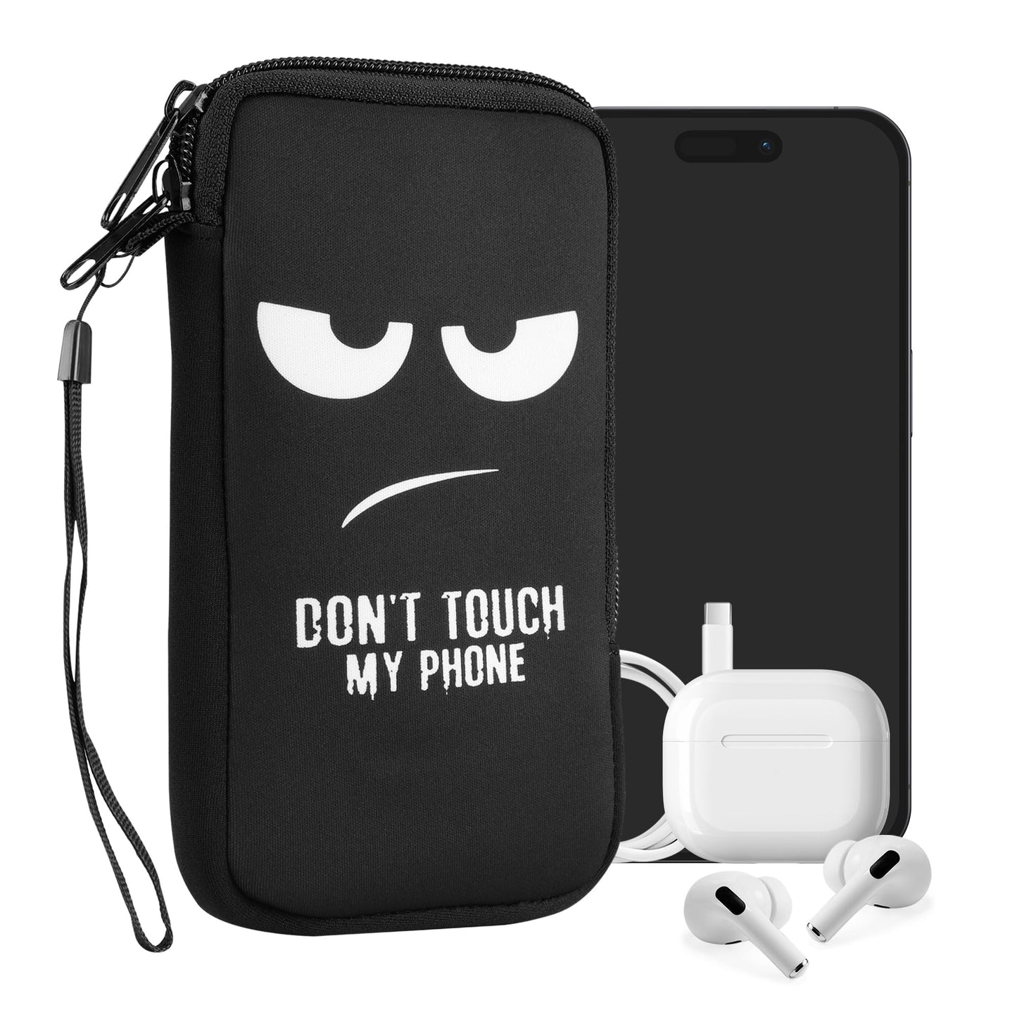 Tālruņa maks kwmobile viedtālruņiem XL 6,7/6,8" Neoprēna telefona maciņš ar rāvējslēdzēju, Don't Touch My Phone, balts melns, 17,2 x 8,4 cm