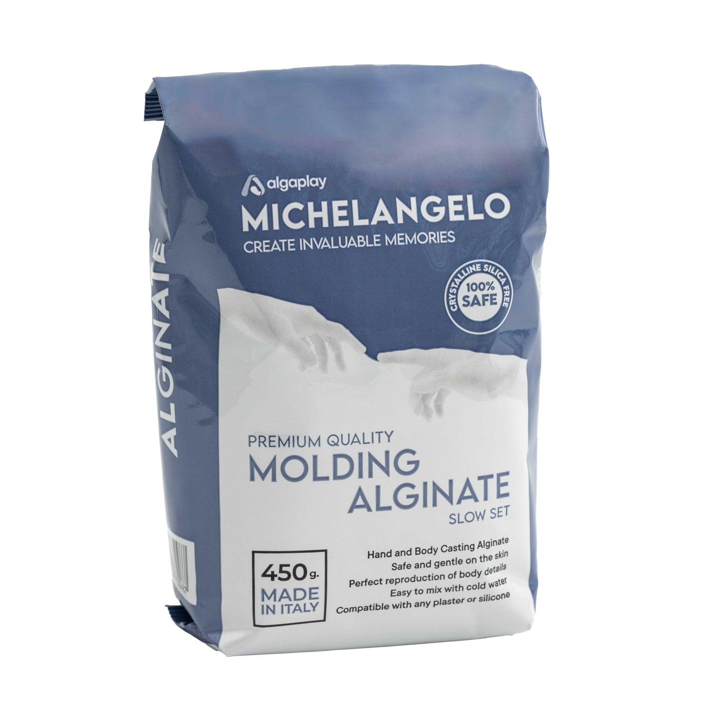 Algaplay Michelangelo Moulding Alginate Slow Setting, krāsains algināts ar augstu precizitāti, lieliski piemērots roku vai ķermeņa nospiedumiem, ražots Itālijā, 1 iepakojums 450 g
