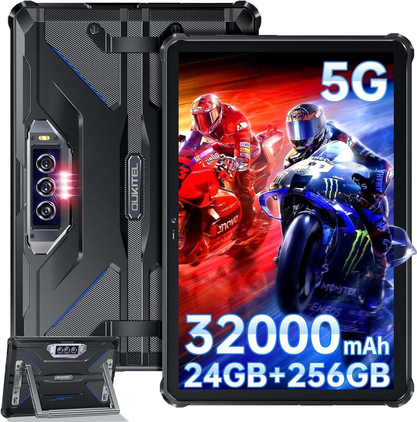 OBA Oukitel RT7 izturīgs planšetdators PC – 32000 mAh akumulators, 24 (12 + 12) GB + 256 GB izturīgs, Android 13 MT6853, 48 MP + 32 MP, 10,1 collas FHD+, divkāršs 5G LTE/OTG/GPS/Face ID, melns