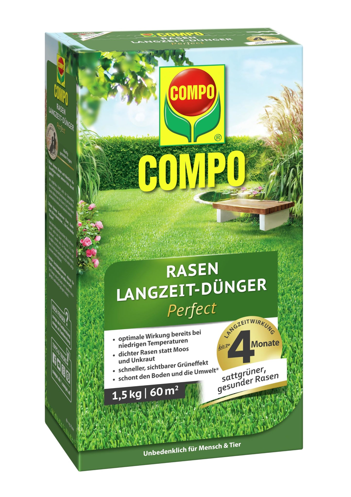 Zāliena mēslojums COMPO ar ilgstošu iedarbību - bez izredzēm sūnām un nezālēm – 1,5 kg 60 m² - COMPO Rasen Langzeit-Dünger Perfect